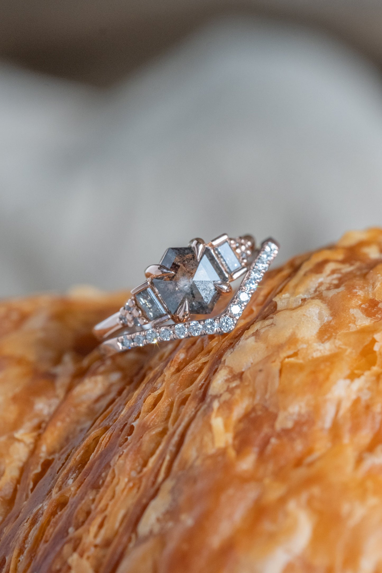 .98 Carat Black Speckled Hexagon Diamond Engagement Ring, Dahlia Setting
