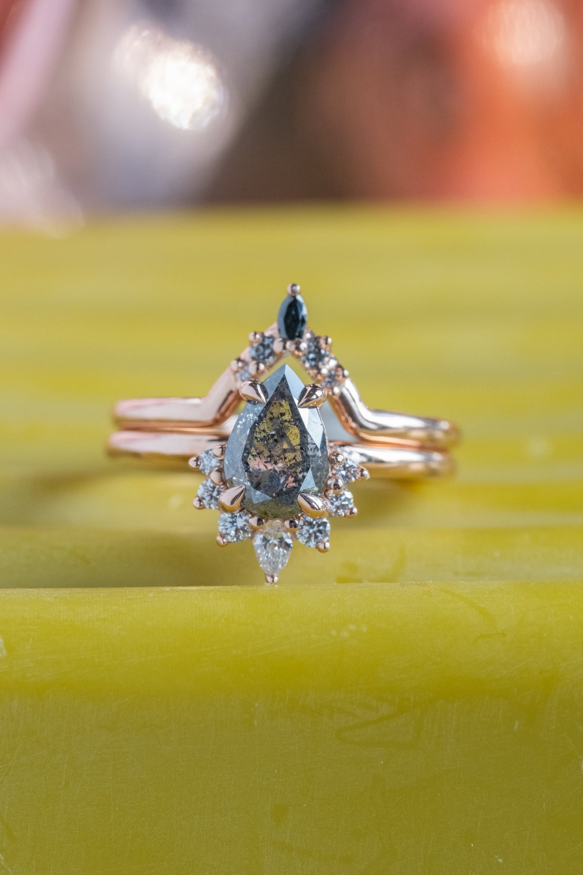 1.34 Carat Salt and Pepper Pear Diamond Engagement Ring, Ava Setting