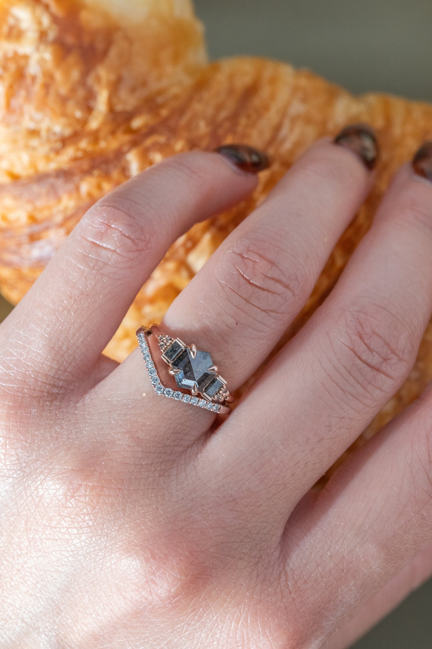 .98 Carat Black Speckled Hexagon Diamond Engagement Ring, Dahlia Setting