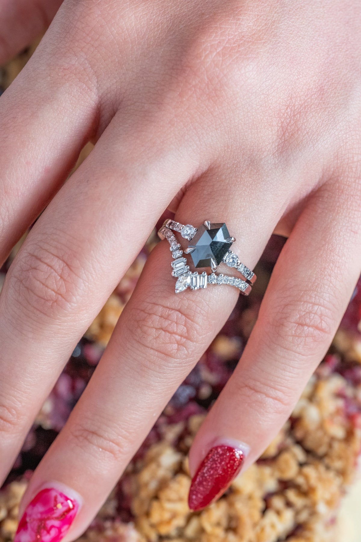 1.69 Carat Black Hexagon Diamond Engagement Ring, Ombre Eliza Setting