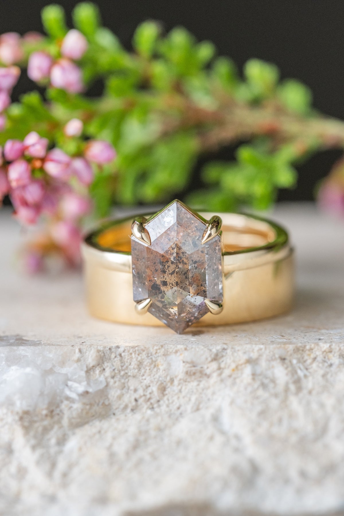 2.88 Carat Orange Salt and Pepper Hexagon Diamond Engagement Ring, Jane Setting, 14k Yellow Gold