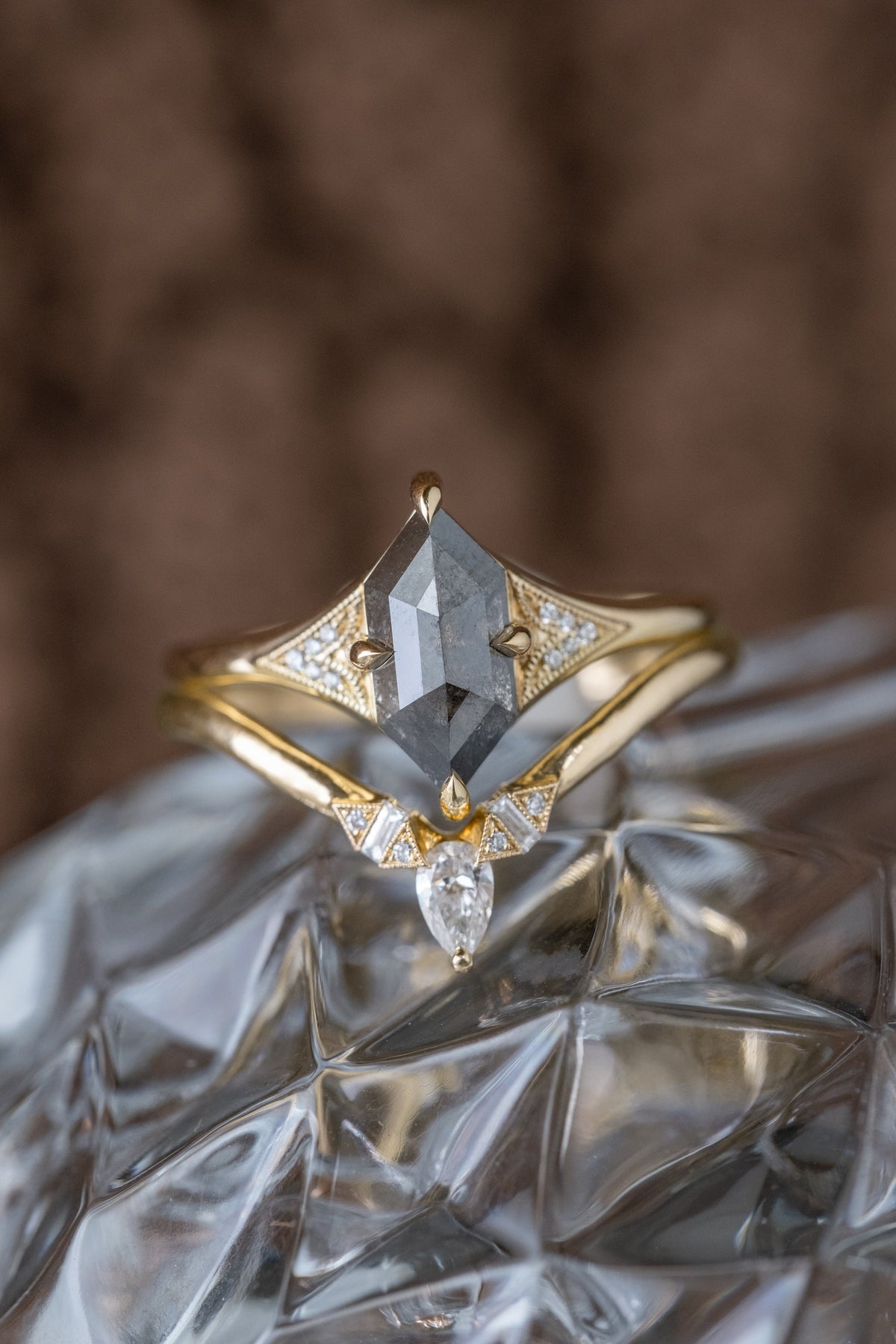 1.23 Carat Black Speckled Hexagon Diamond Engagement Ring, Aela Setting, 14K Yellow Gold