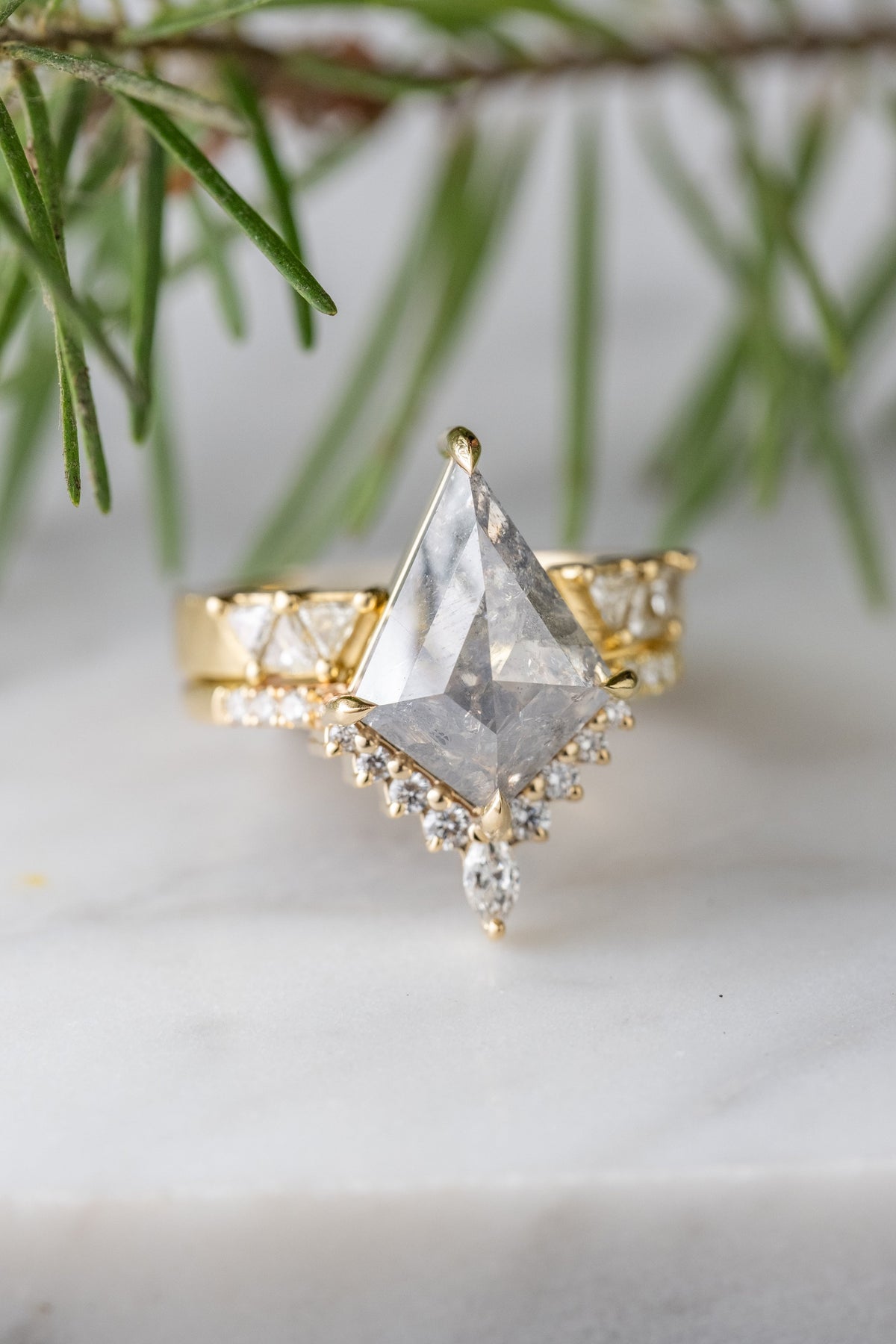 4.06 Carat Icy Grey Kite Diamond Engagement Ring, Avaline Setting, 14K Yellow Gold