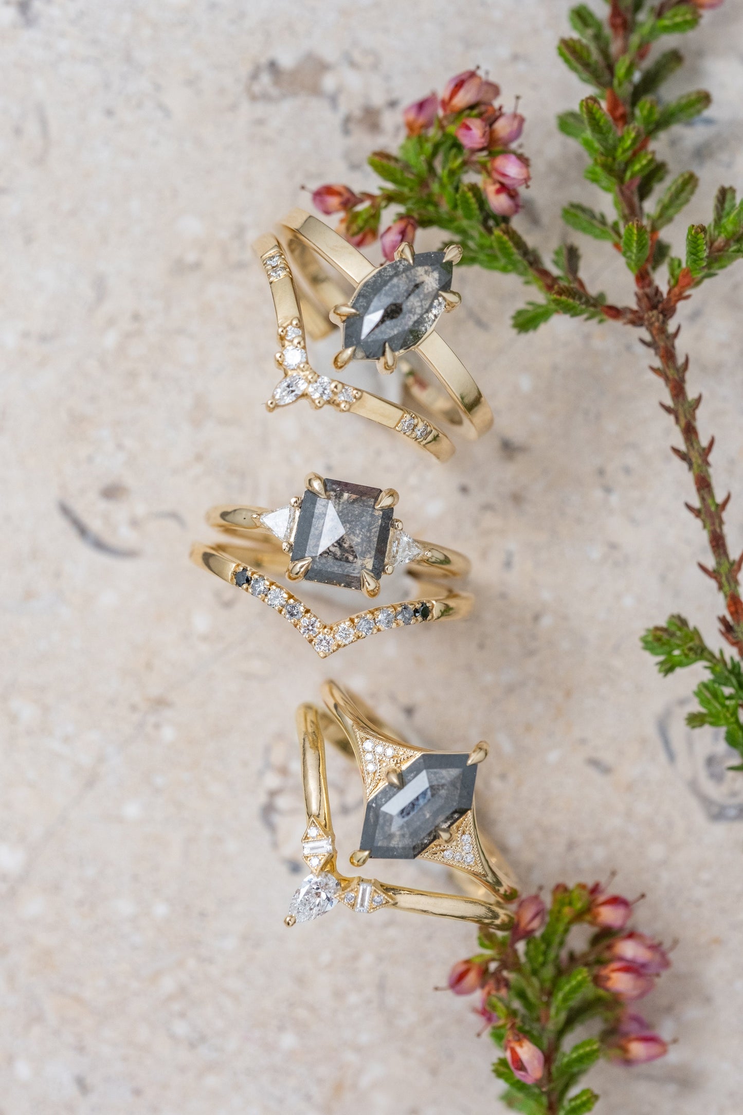1.23 Carat Black Speckled Hexagon Diamond Engagement Ring, Aela Setting, 14K Yellow Gold