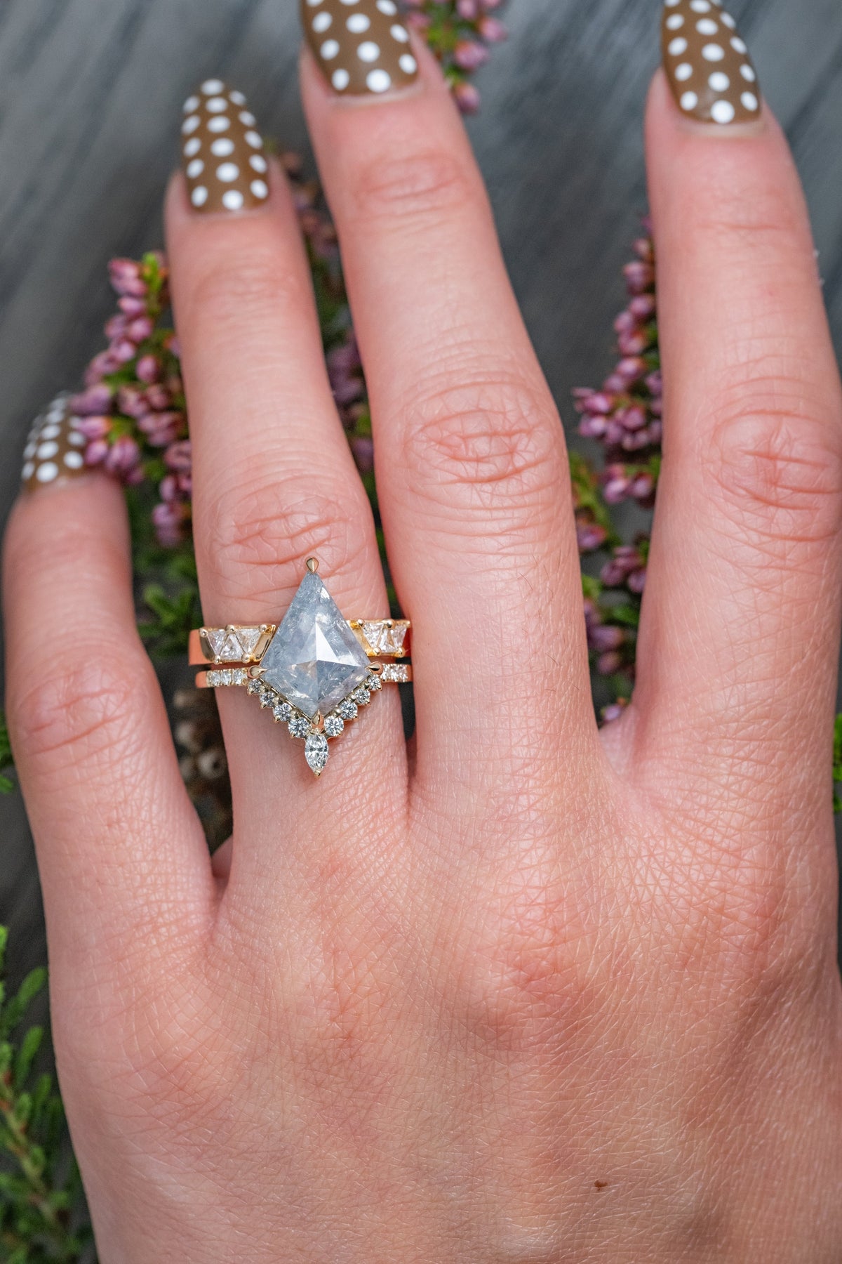 4.06 Carat Icy Grey Kite Diamond Engagement Ring, Avaline Setting, 14K Yellow Gold