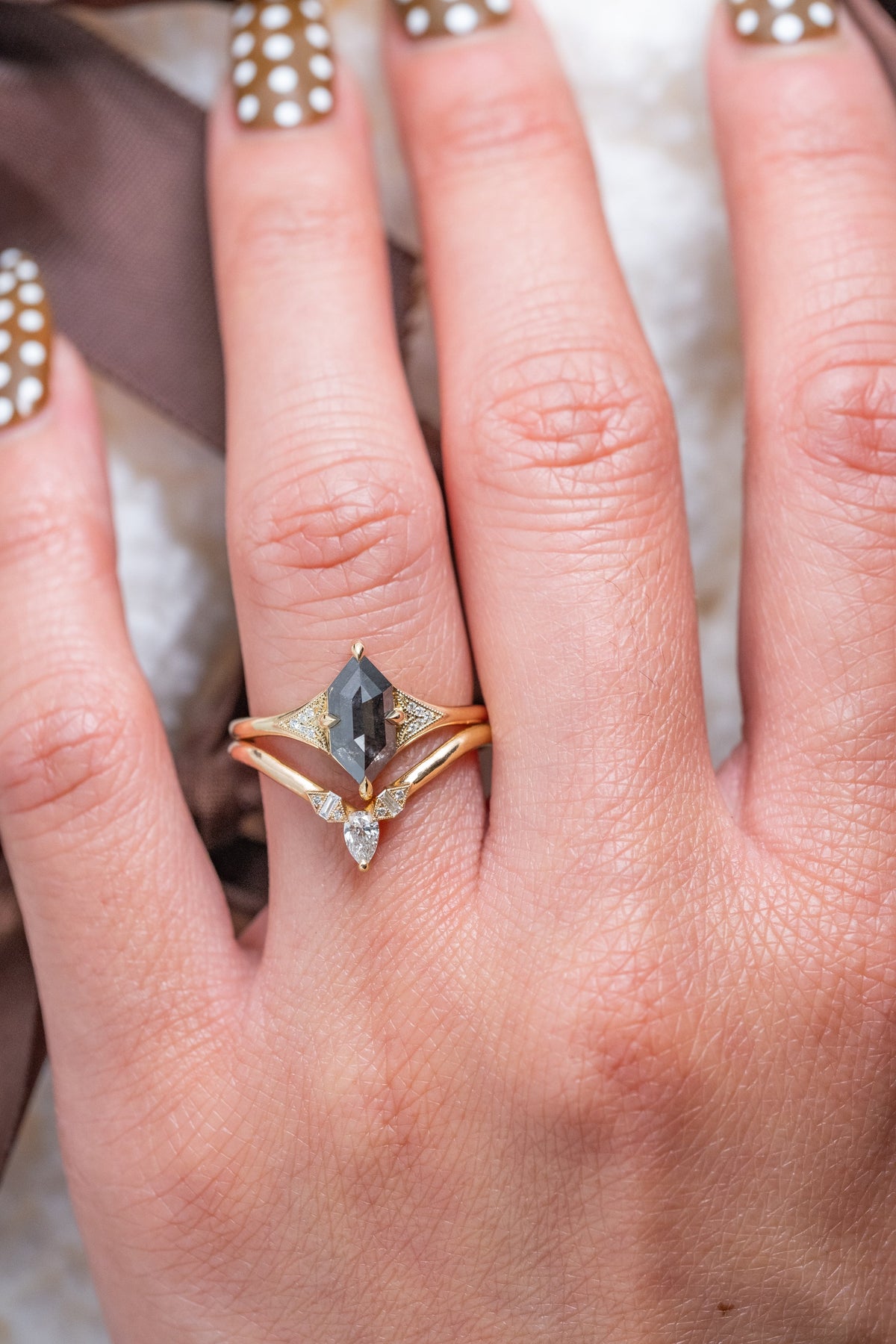 1.23 Carat Black Speckled Hexagon Diamond Engagement Ring, Aela Setting, 14K Yellow Gold