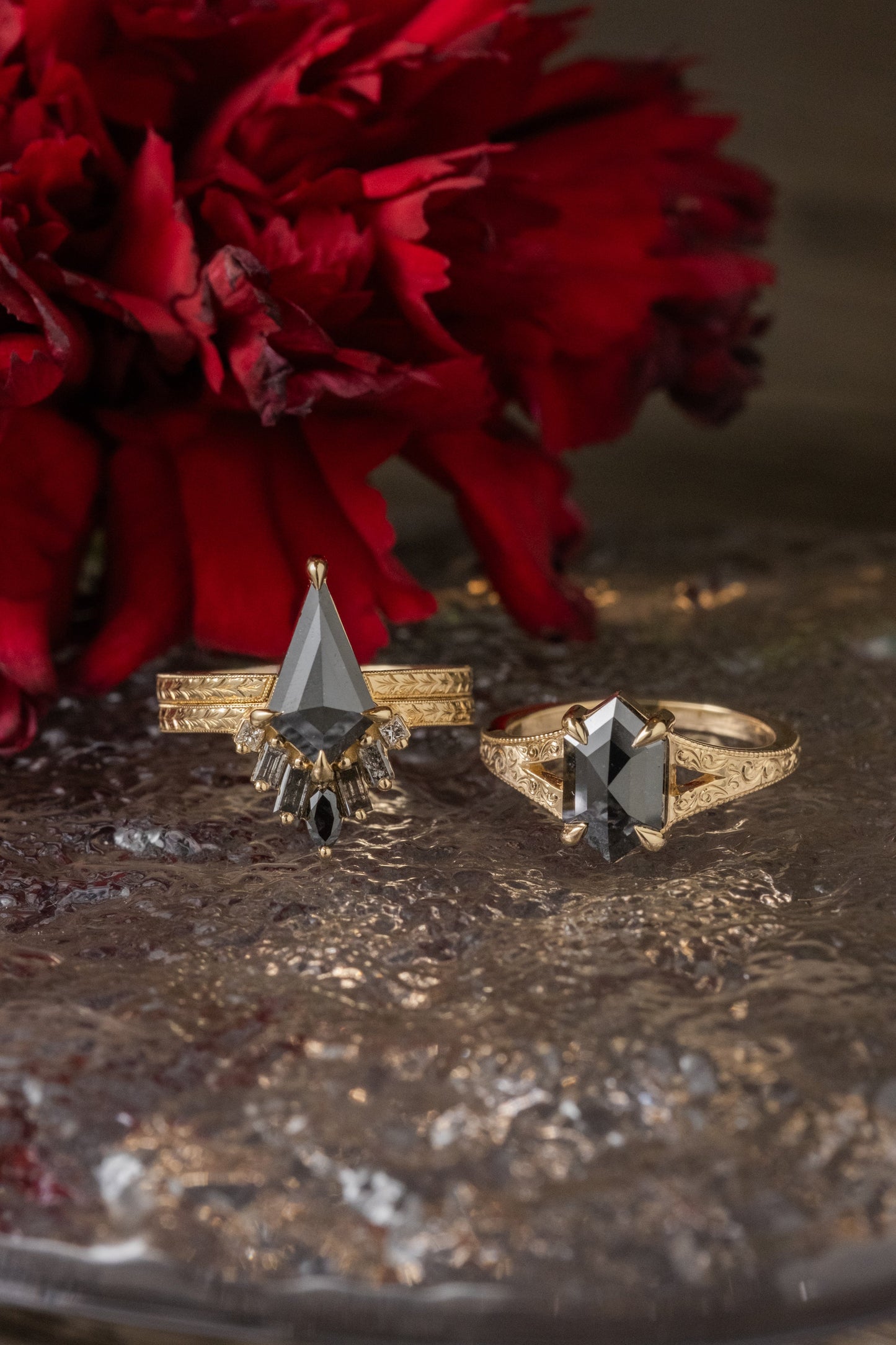 1.41 Carat Black Hexagon Diamond Engagement Ring, Engraved Split Shank Jane