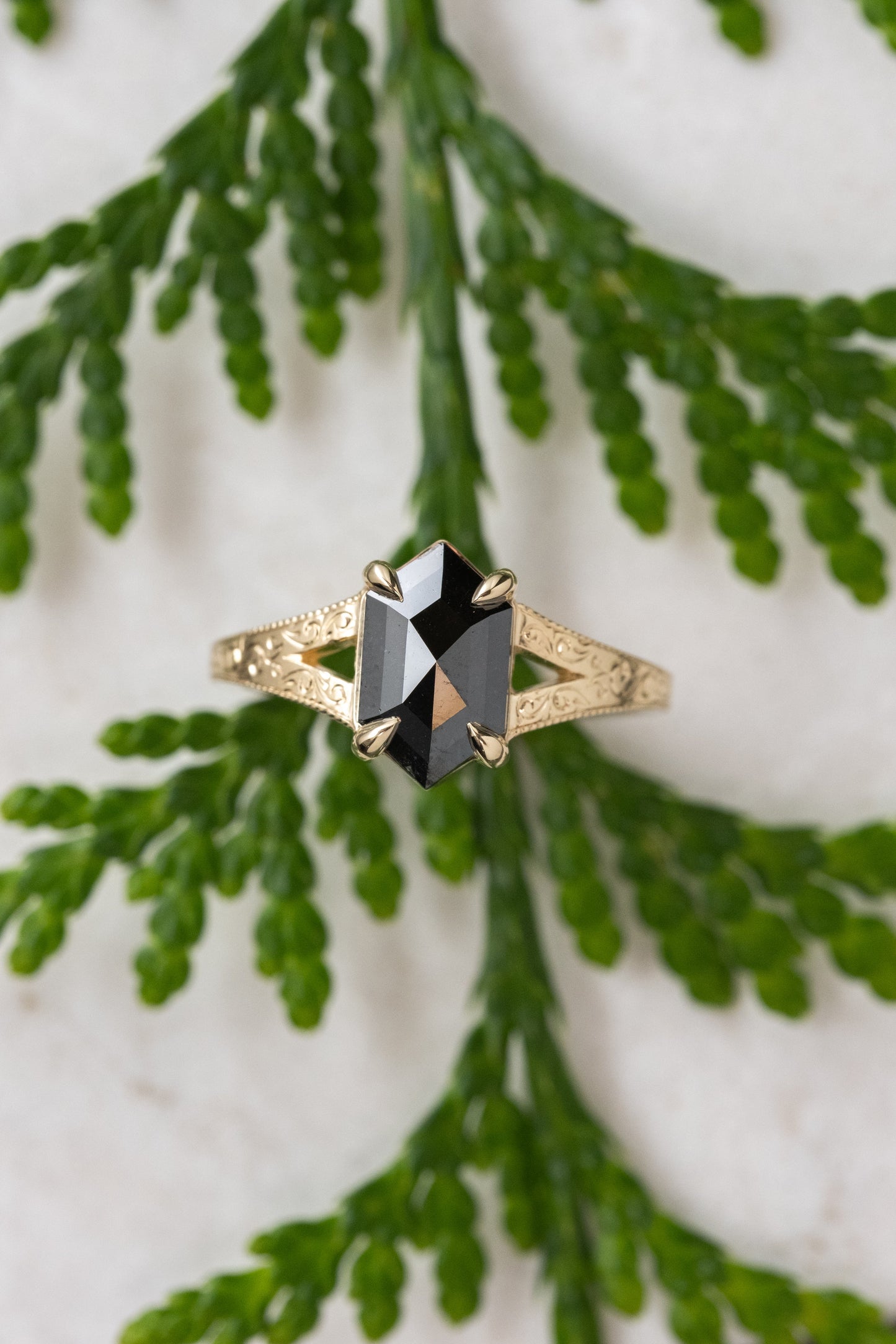 1.41 Carat Black Hexagon Diamond Engagement Ring, Engraved Split Shank Jane