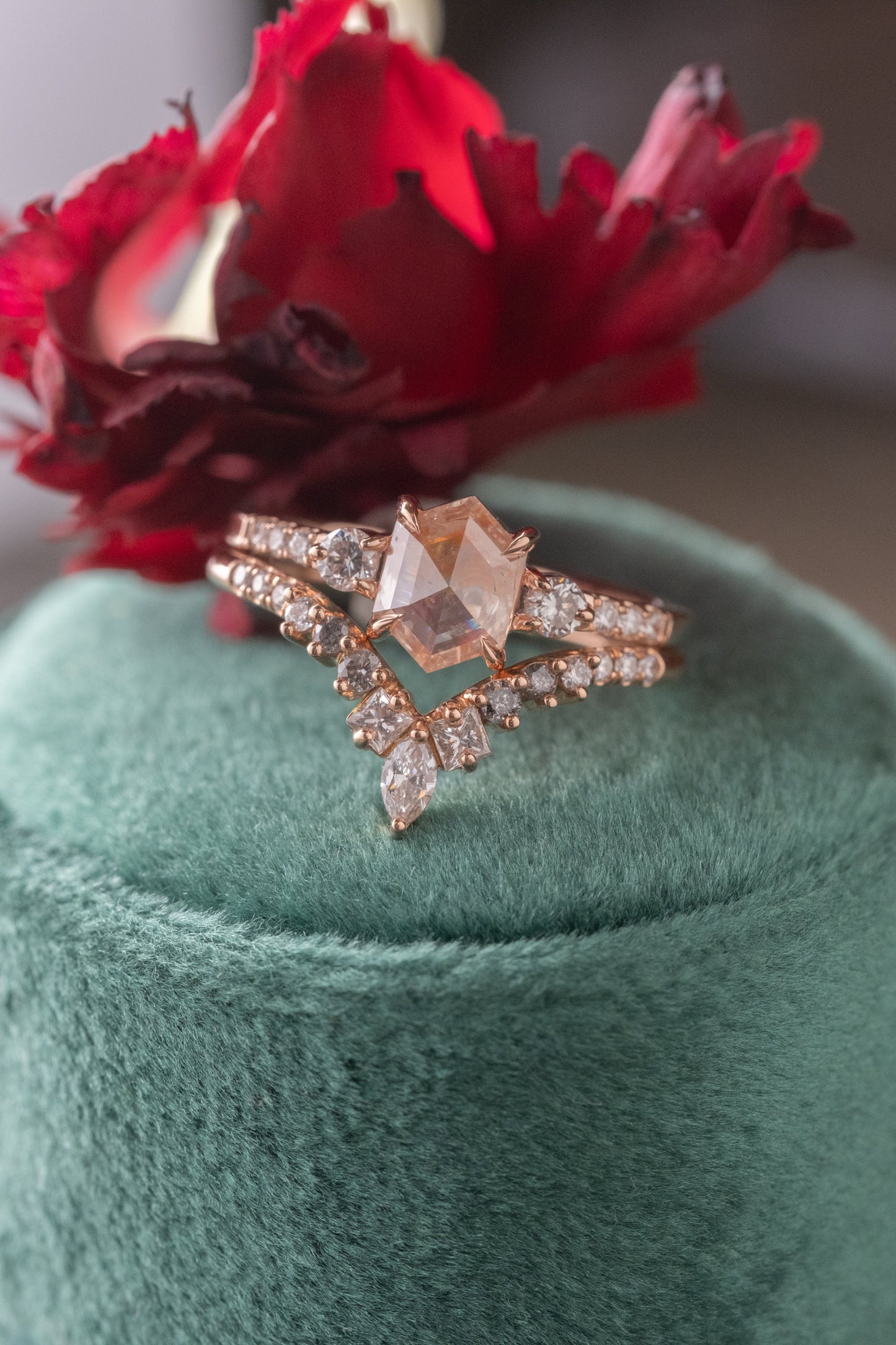 1.09 Carat Icy Orange Hexagon Diamond Engagement Ring, Eliza Setting, 14K Rose Gold