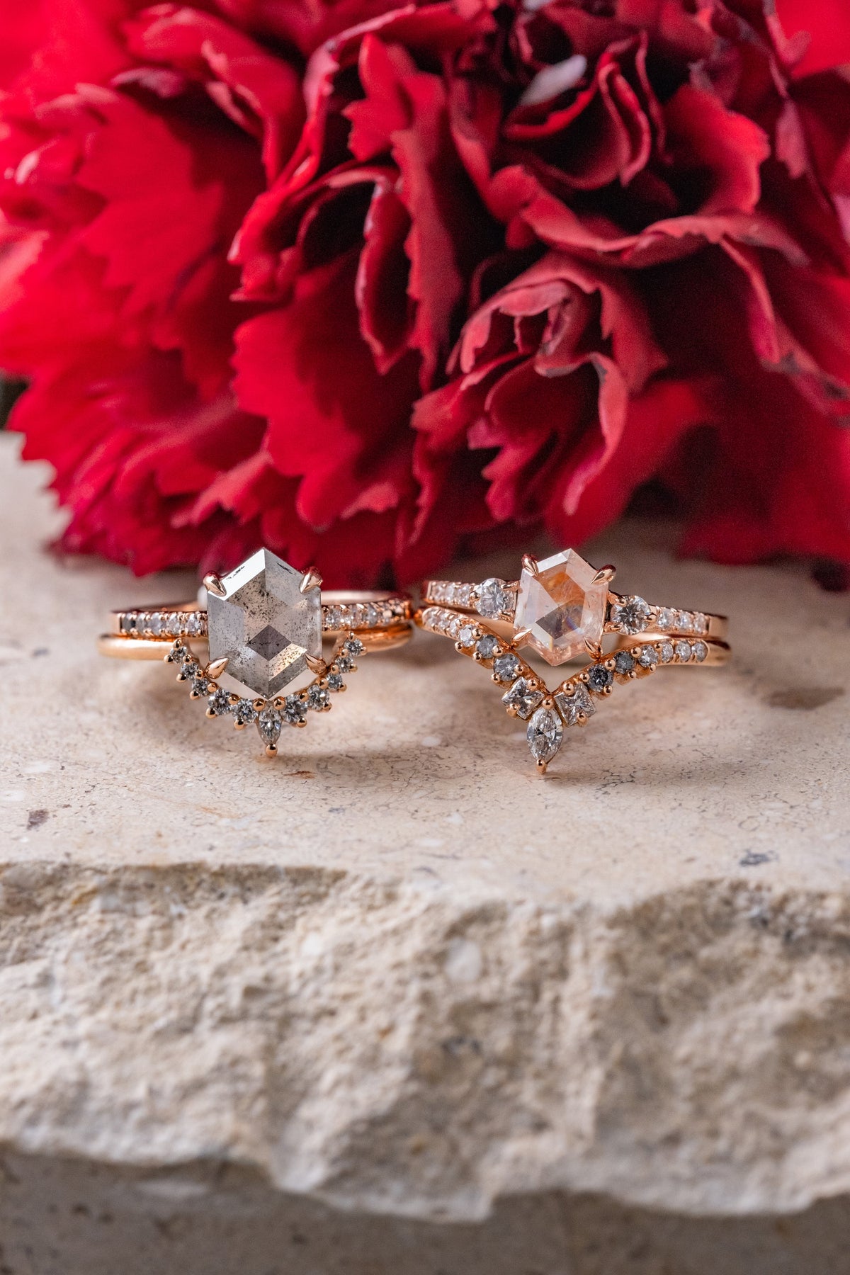 1.09 Carat Icy Orange Hexagon Diamond Engagement Ring, Eliza Setting, 14K Rose Gold