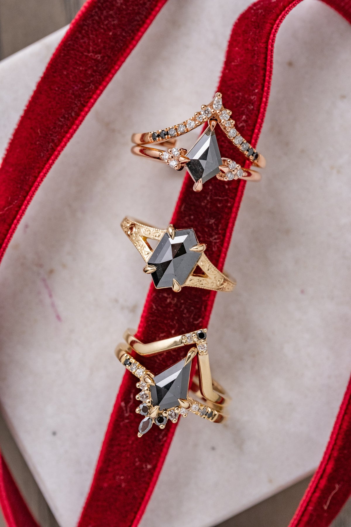 .64 Carat Black Kite Diamond Engagement Ring, Quinn Setting, 14k Rose Gold