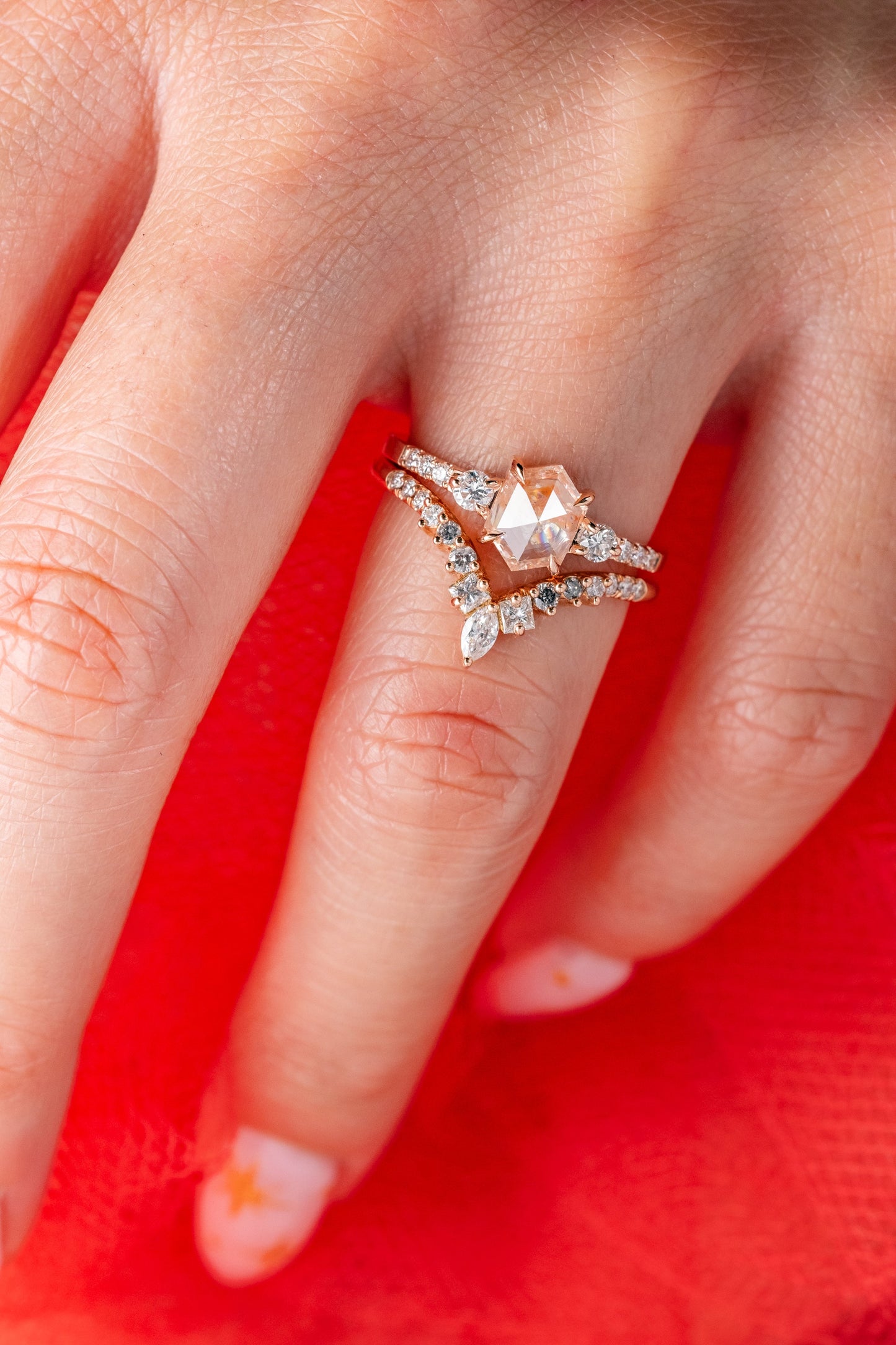 1.09 Carat Icy Orange Hexagon Diamond Engagement Ring, Eliza Setting, 14K Rose Gold
