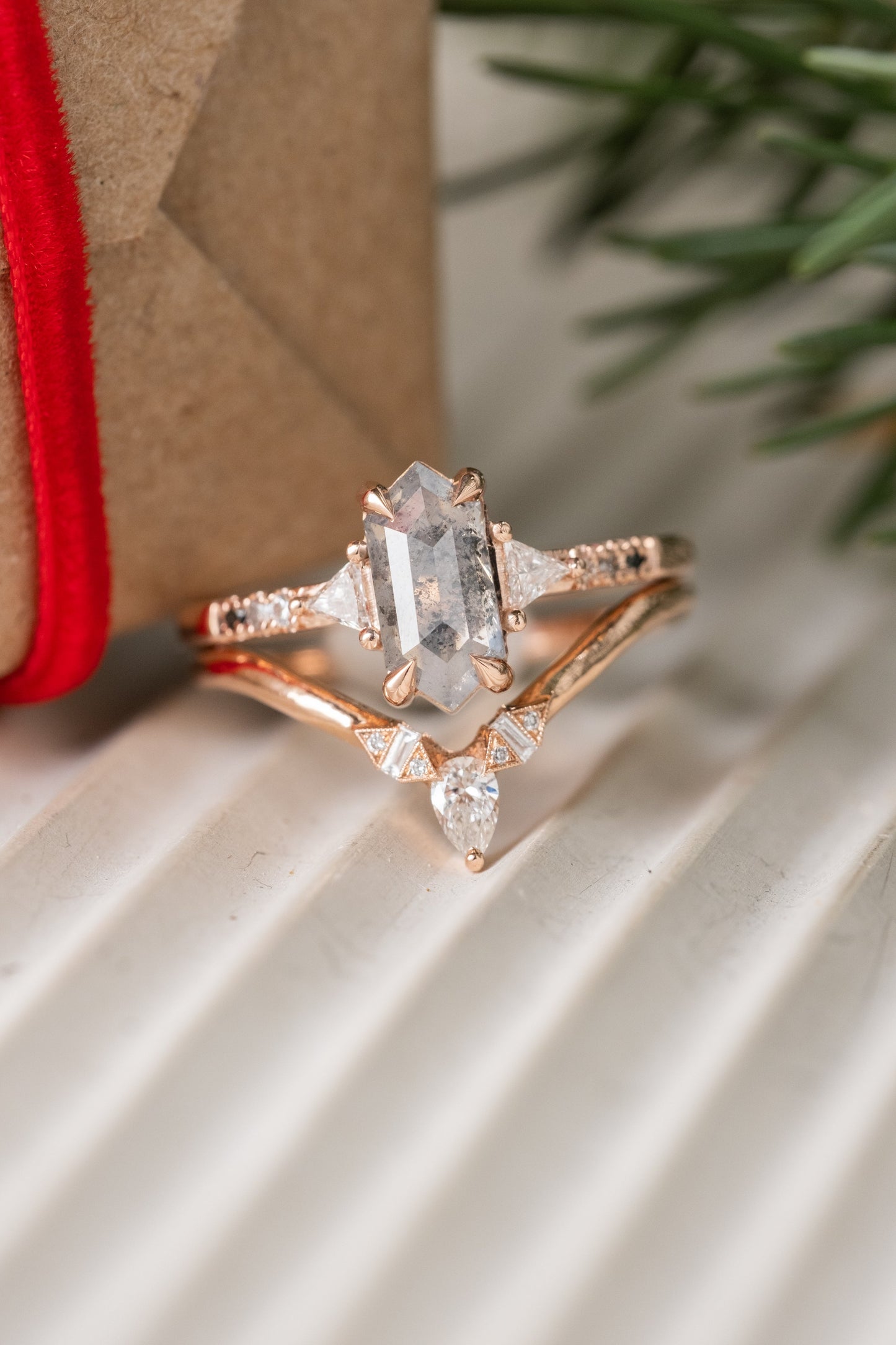 1.41 Carat Salt and Pepper Hexagon Diamond Engagement Ring, Ombre Eliza Setting, 14K Rose Gold