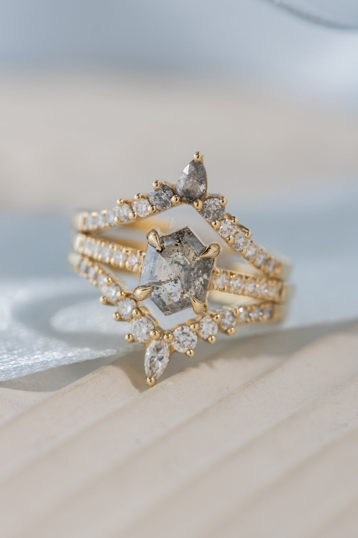 Cassiopeia Wedding Ring, Salt and Pepper and White Diamonds, 11 Diamond