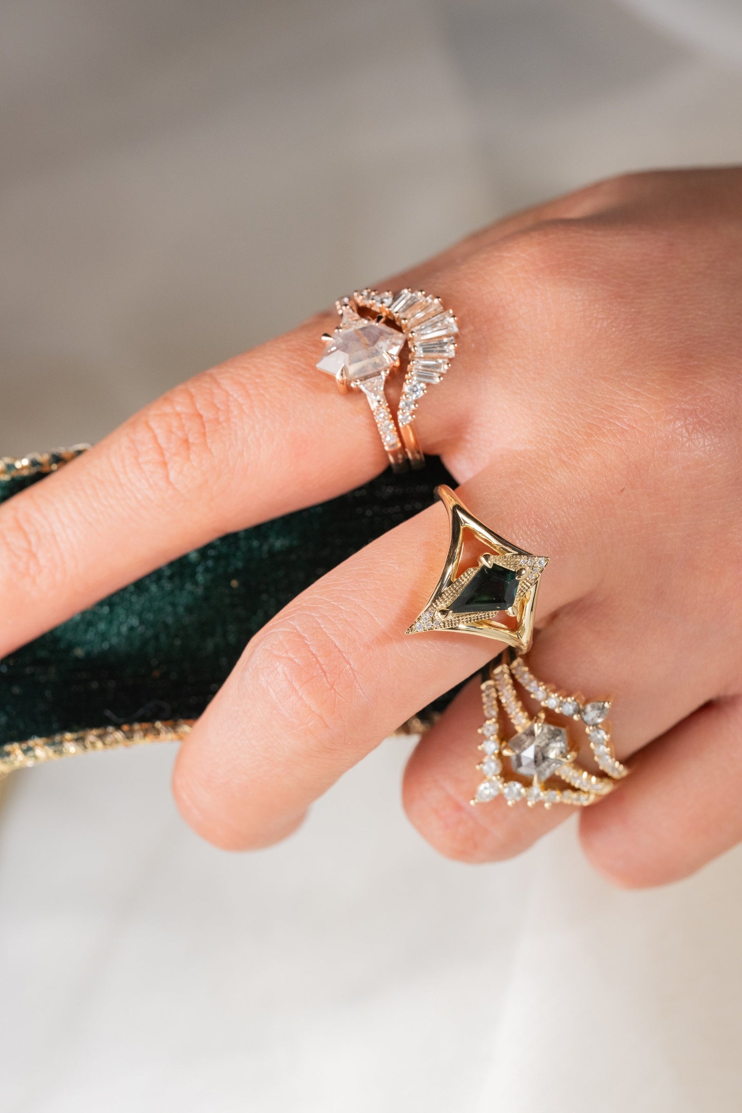 Cassiopeia Wedding Ring, Salt and Pepper and White Diamonds, 11 Diamond