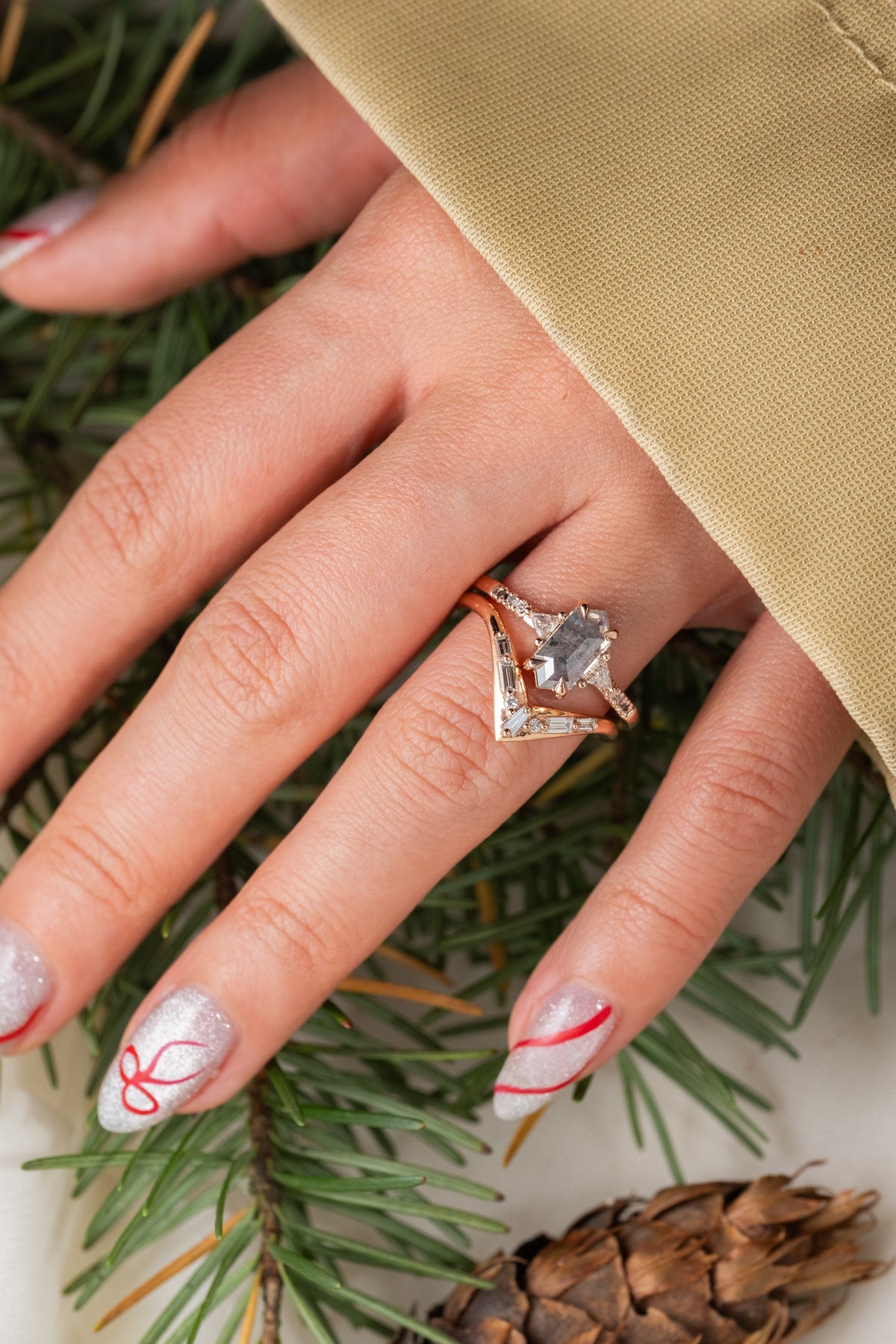 1.41 Carat Salt and Pepper Hexagon Diamond Engagement Ring, Ombre Eliza Setting, 14K Rose Gold