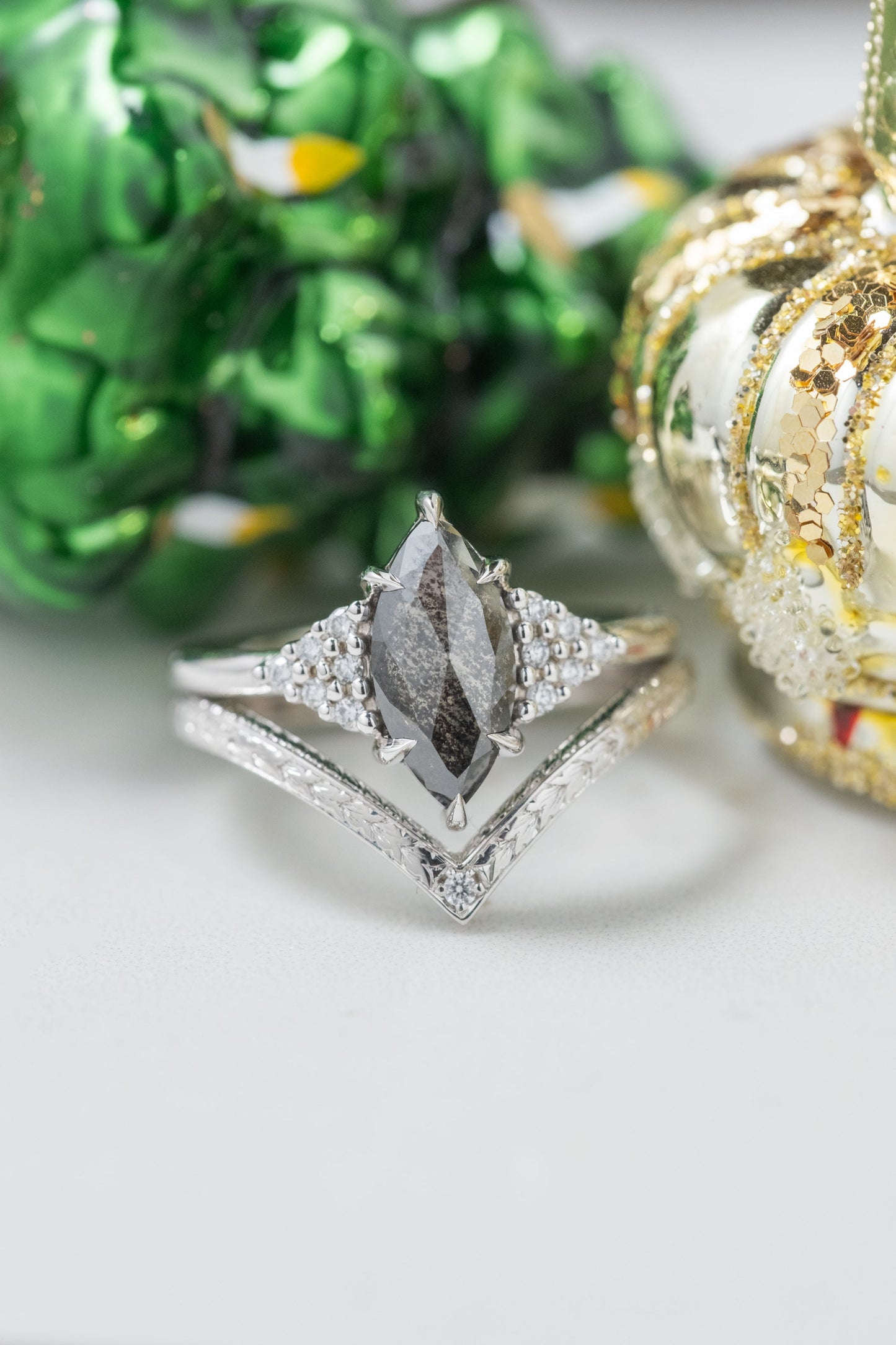 2.09 Carat Black Salt and Pepper Marquise Diamond Engagement Ring, Quinn Setting