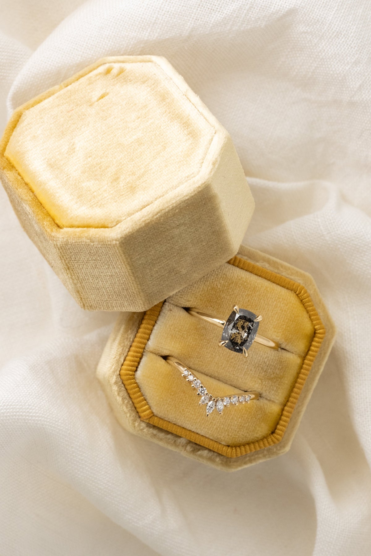 1.74 Carat Salt and Pepper Elongated Cushion Diamond Engagement Ring, Basket Jane Setting, 14K Yellow Gold