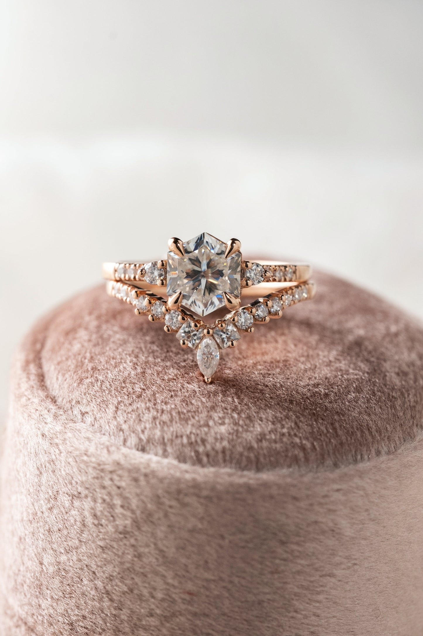 1.50 Carat Hexagon Moissanite Engagement Ring, Eliza Setting, 14k Rose Gold