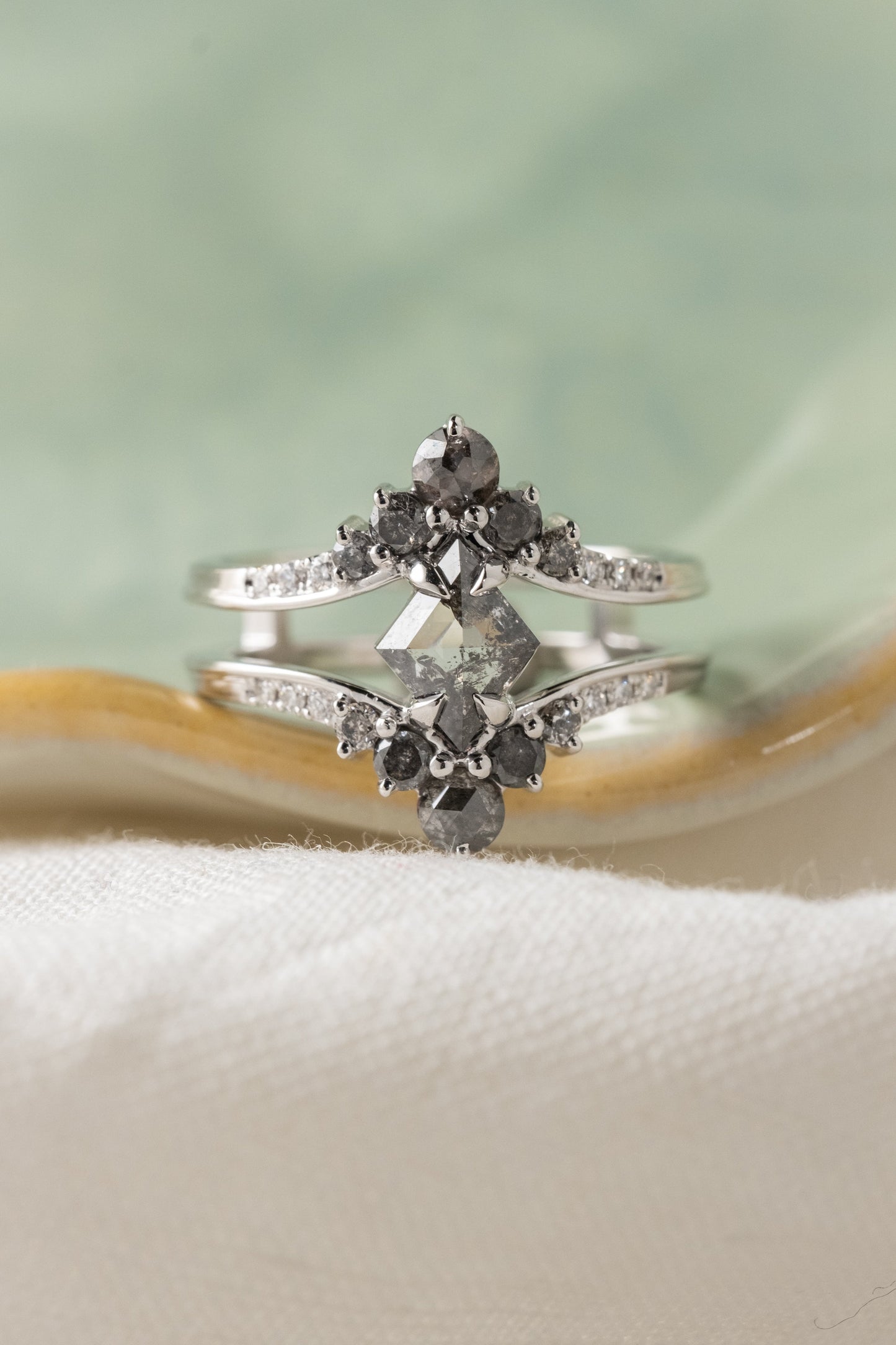 1.17 Carat Black Speckled Lozenge Diamond Engagement Ring, Empress Setting, 14k White Gold
