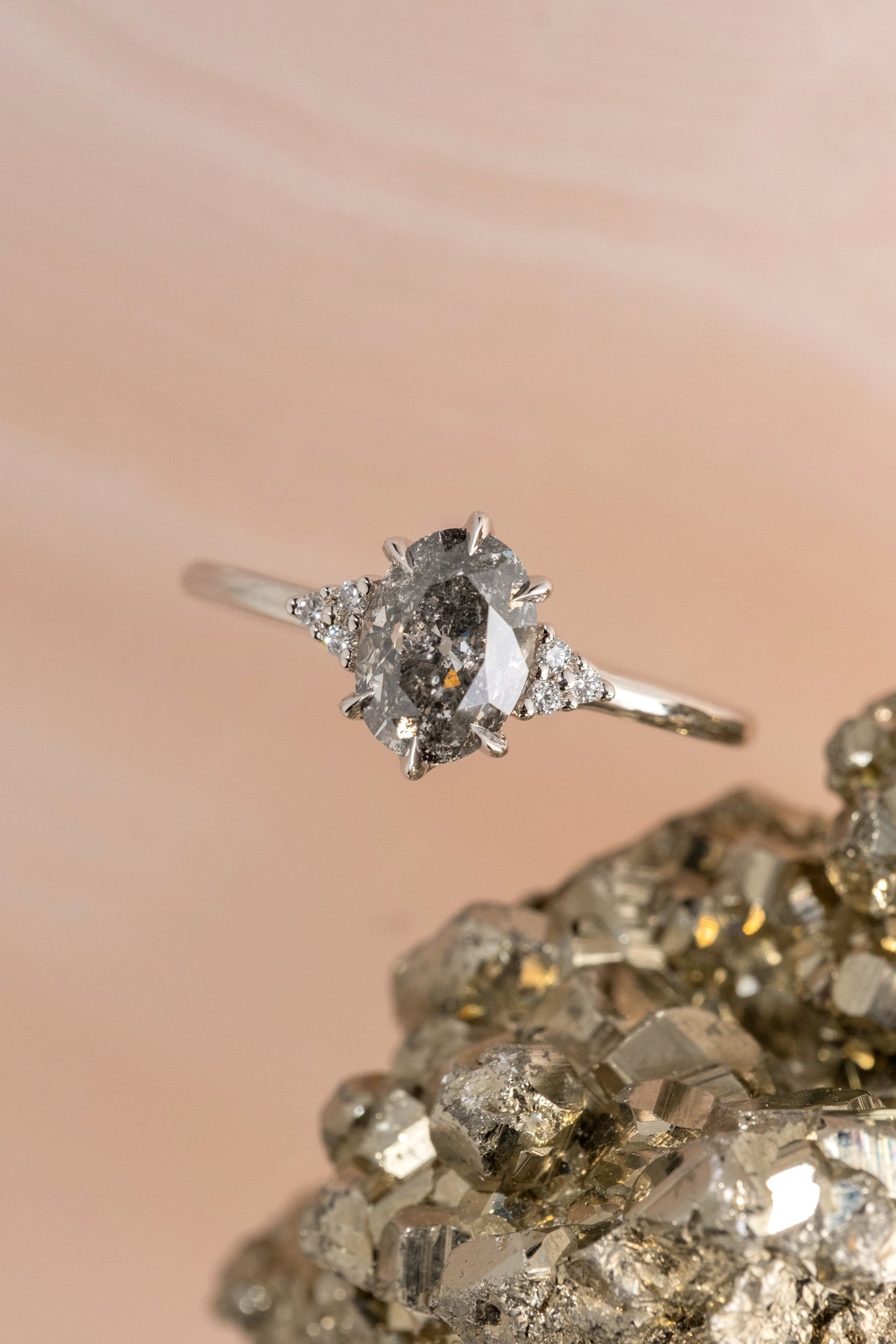 2.10 Carat Salt and Pepper Oval Diamond Engagement Ring, Quinn Setting