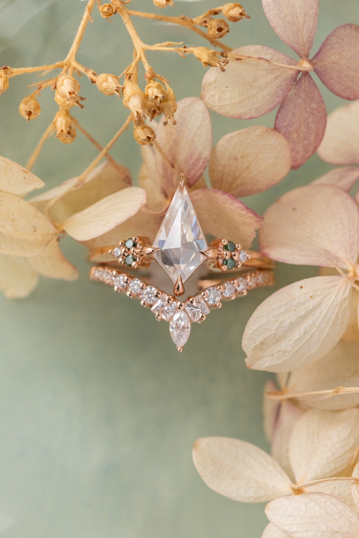 1.01 Carat Kite Moissanite and Diamond Engagement Ring, Quinn Setting, 14k Rose Gold