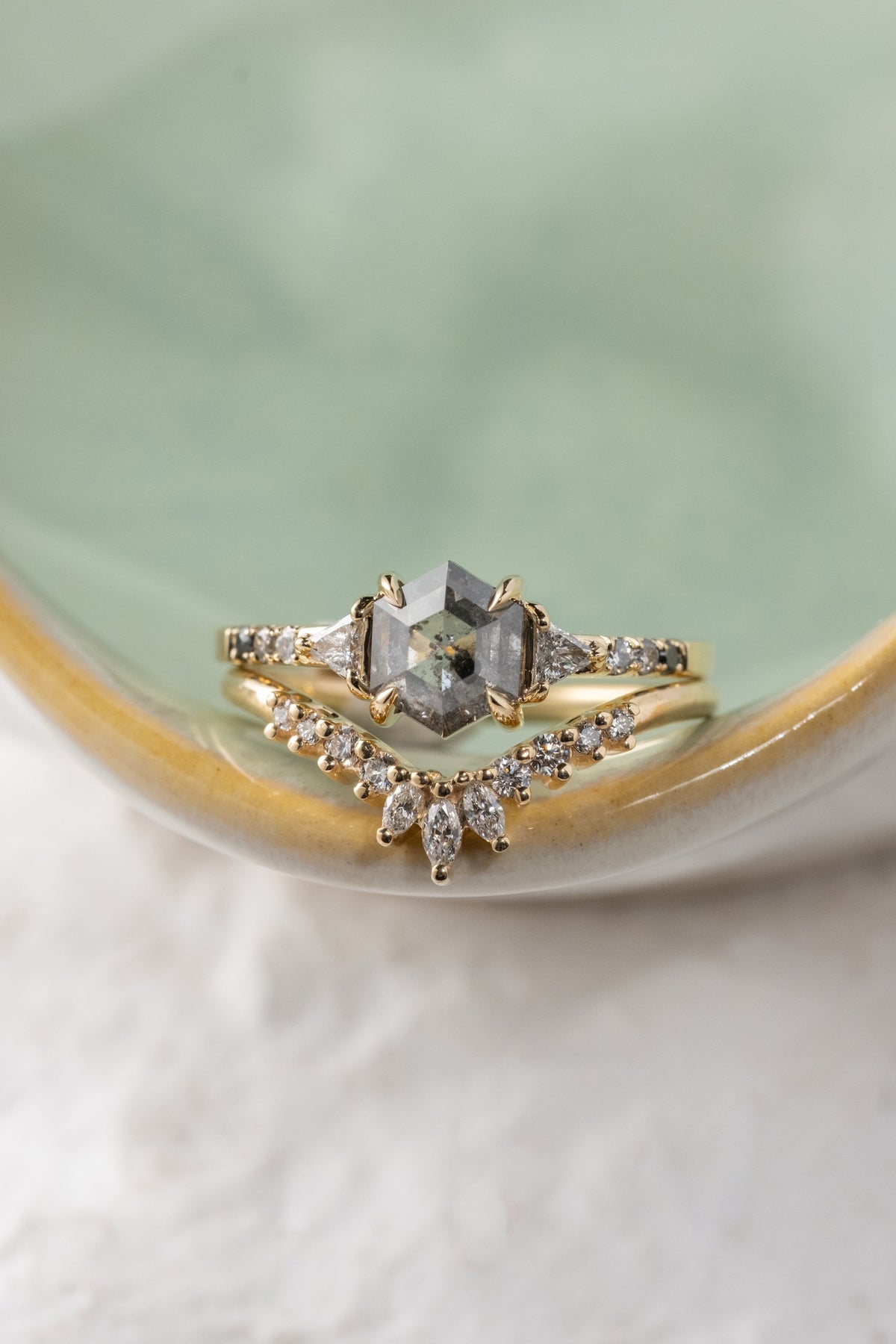 1.36 Carat Salt and Pepper Hexagon Diamond Engagement Ring, Ombre Eliza Setting