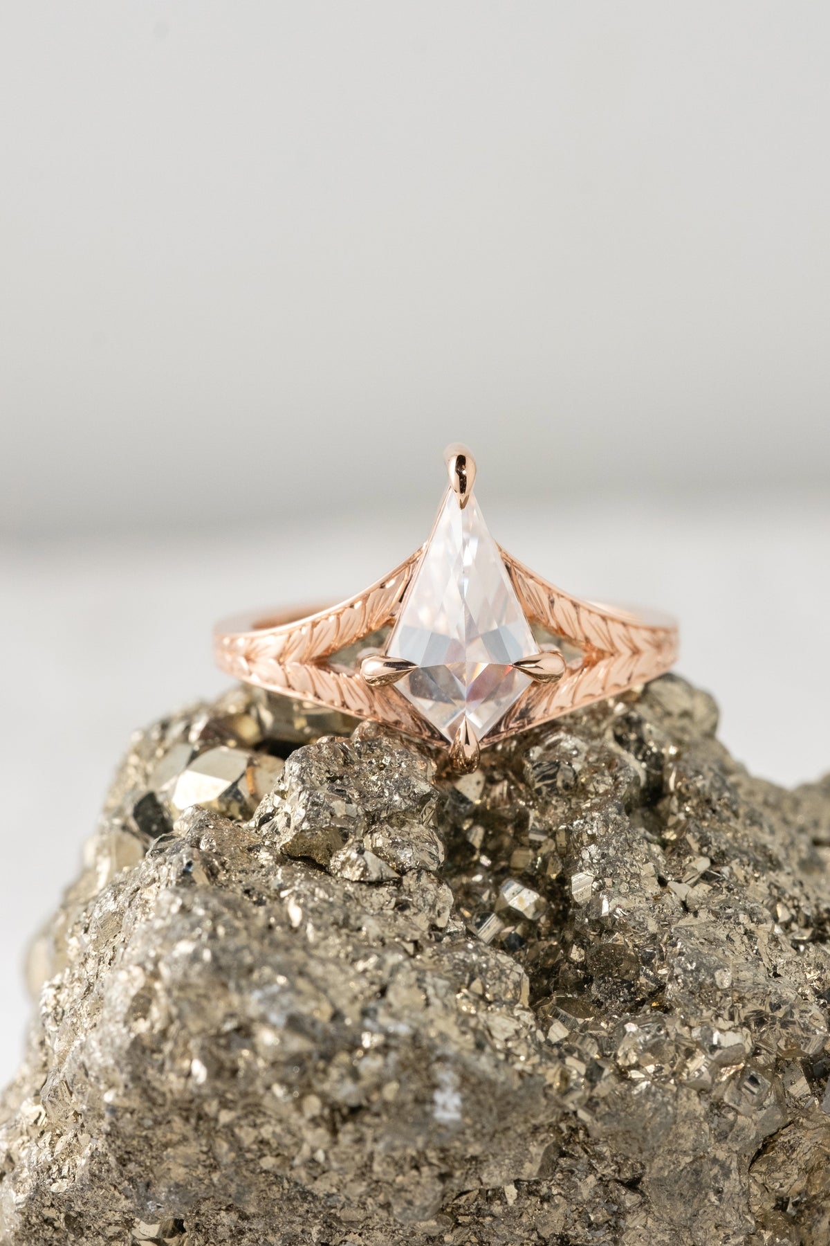 Kite Moissanite Engagement Ring, Engraved Split Shank Jane Setting
