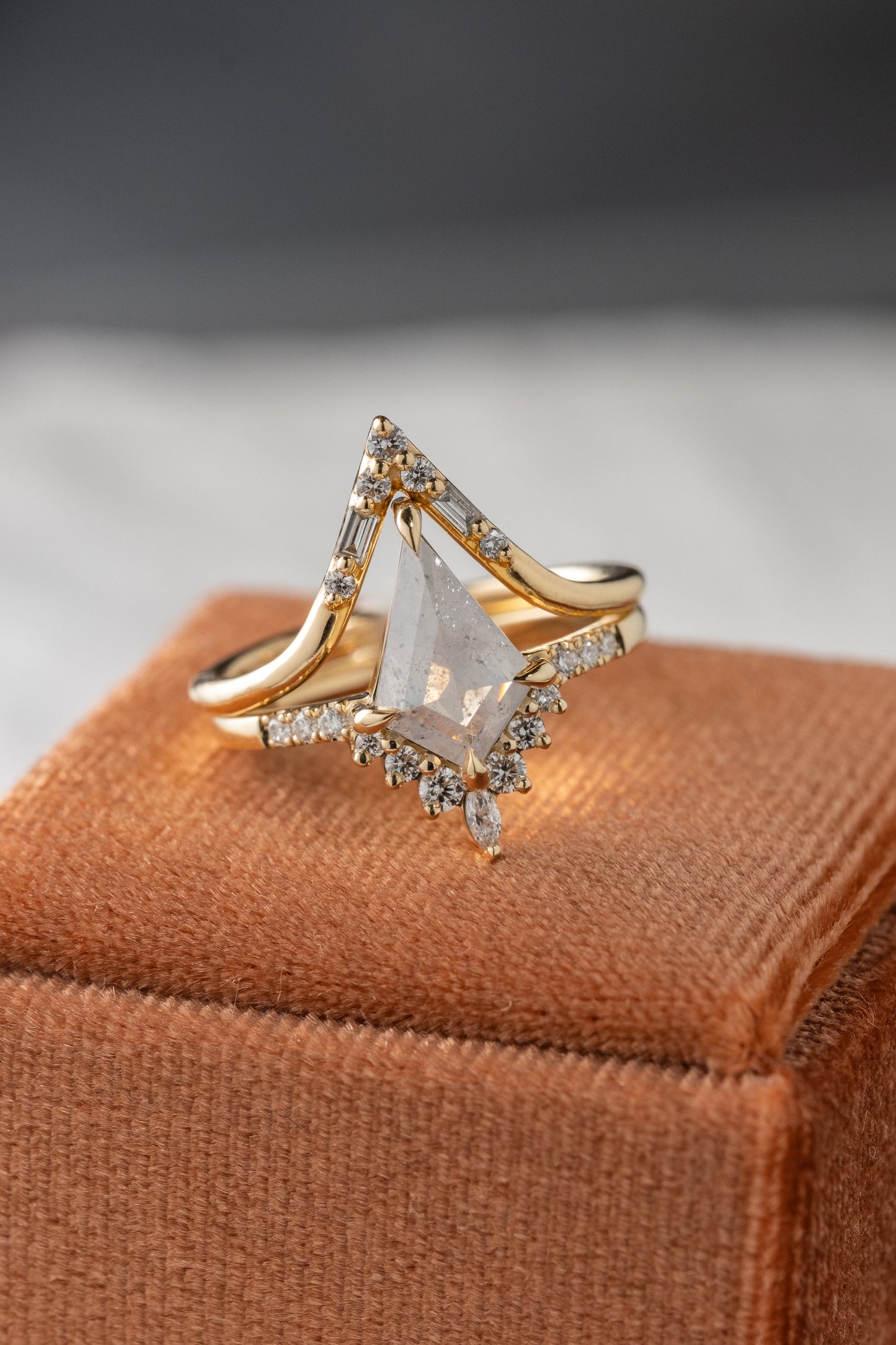 2.55 Carat Icy Salt and Pepper Kite Diamond Engagement Ring, Avaline Setting
