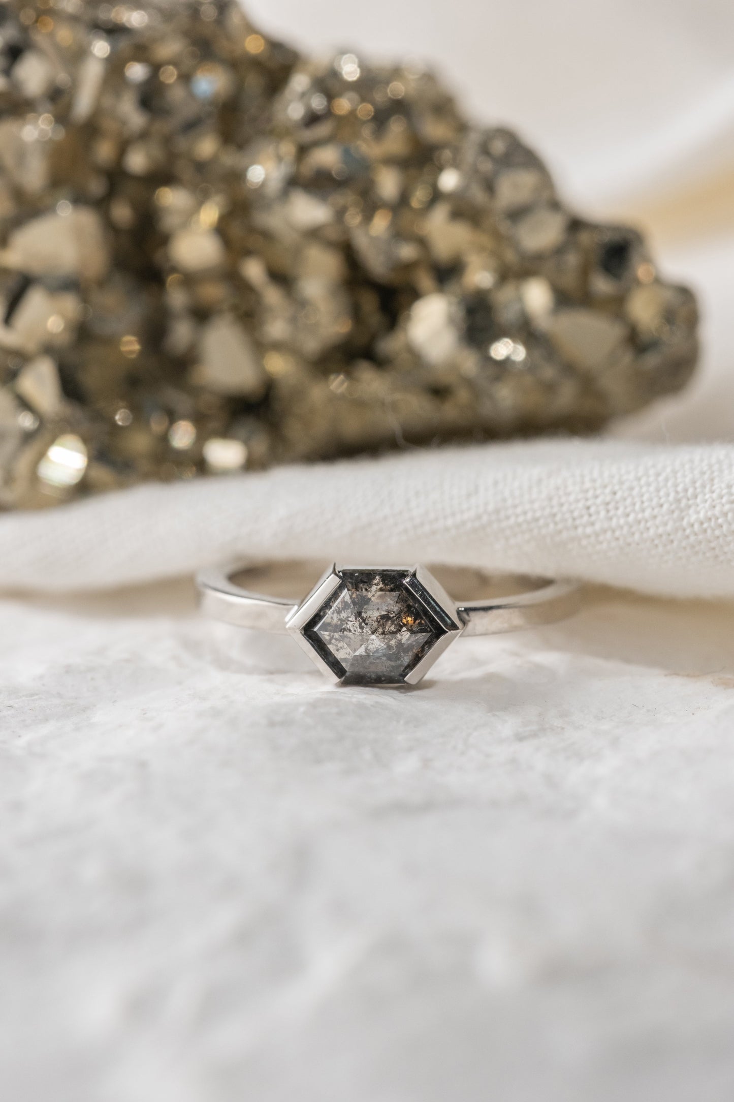 1.17 Carat Black Salt and Pepper Hexagon Diamond Engagement Ring, Charlize Setting