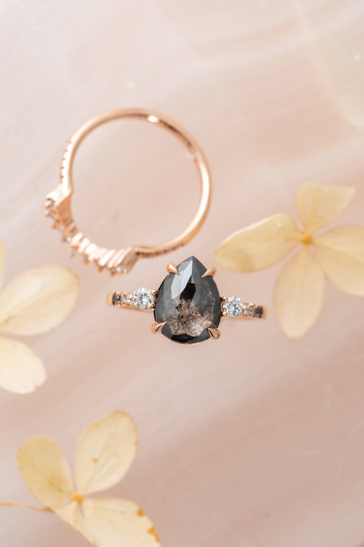 1.69 Carat Black Salt and Pepper Pear Diamond Engagement Ring, Ombre Eliza Setting