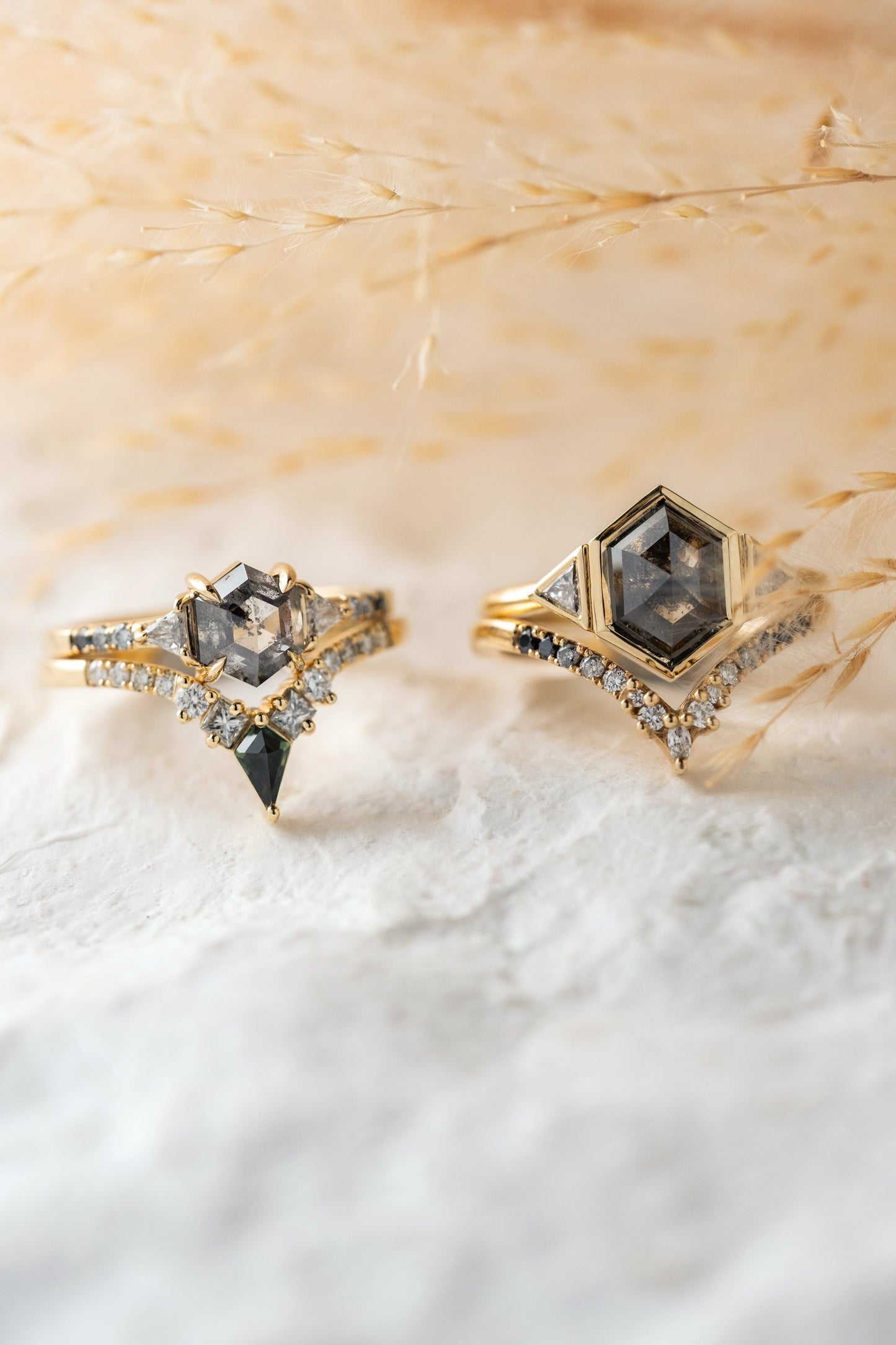 1.36 Carat Salt and Pepper Hexagon Diamond Engagement Ring, Ombre Eliza Setting