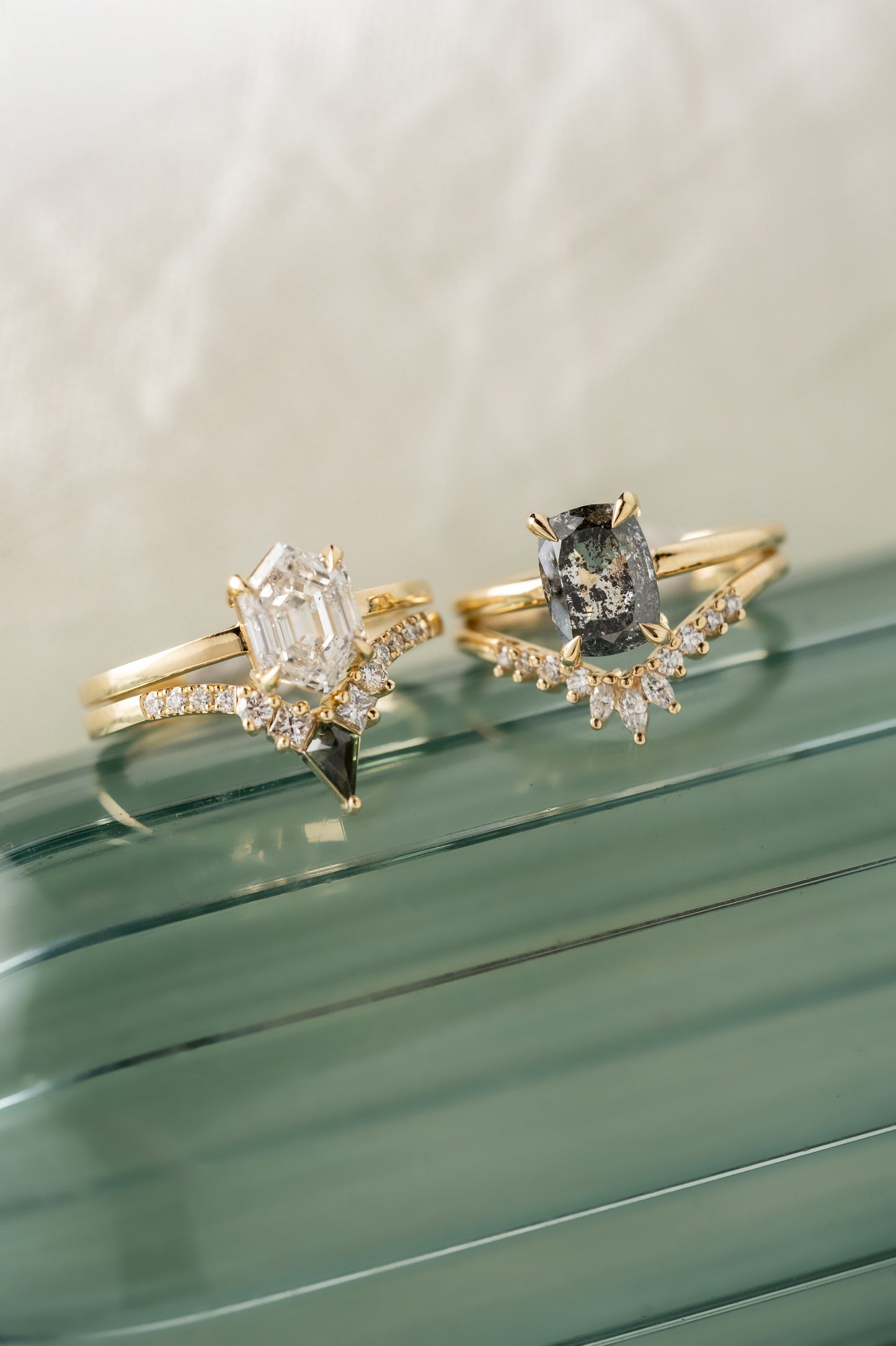 1.74 Carat Salt and Pepper Elongated Cushion Diamond Engagement Ring, Basket Jane Setting, 14K Yellow Gold
