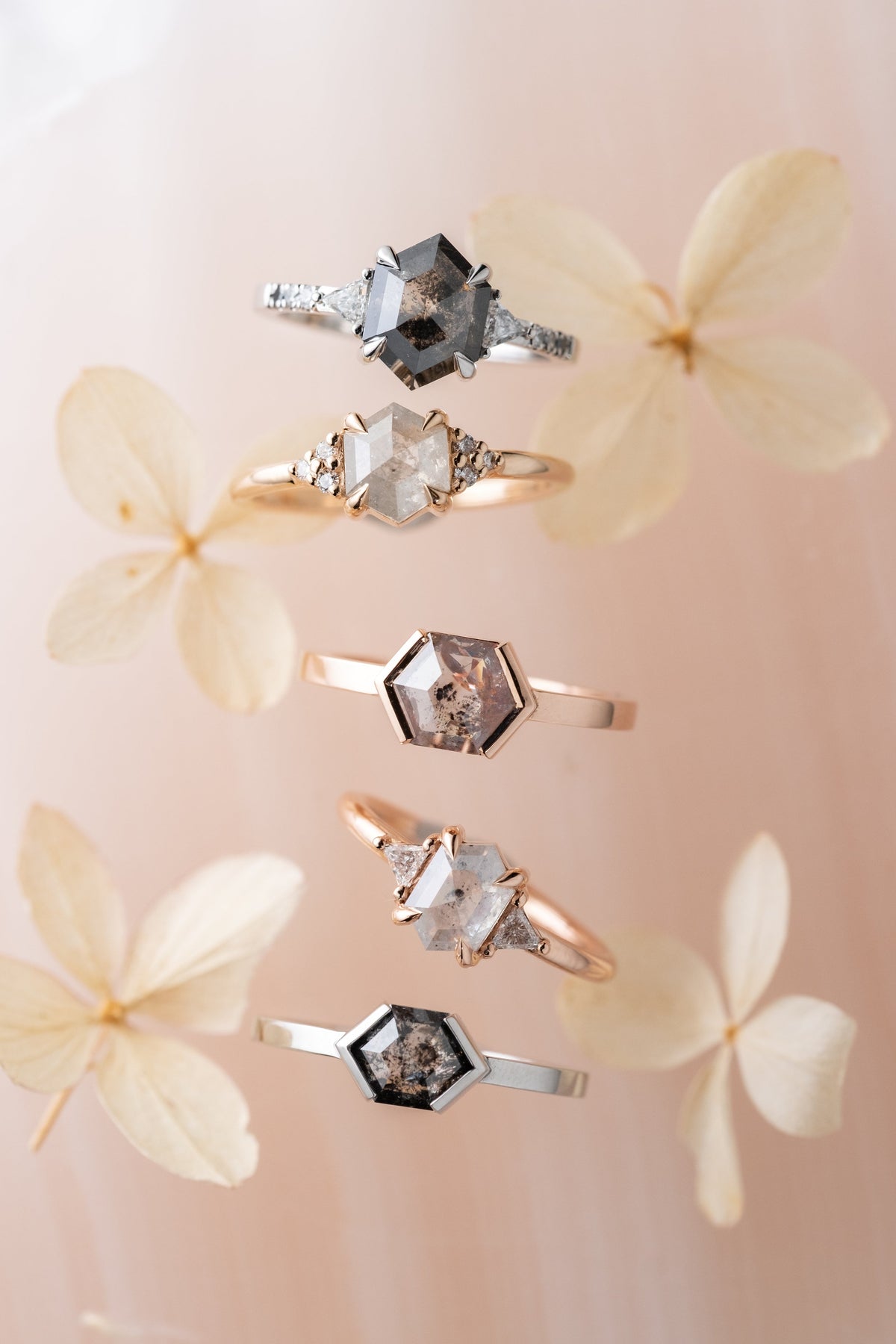 1.17 Carat Black Salt and Pepper Hexagon Diamond Engagement Ring, Charlize Setting