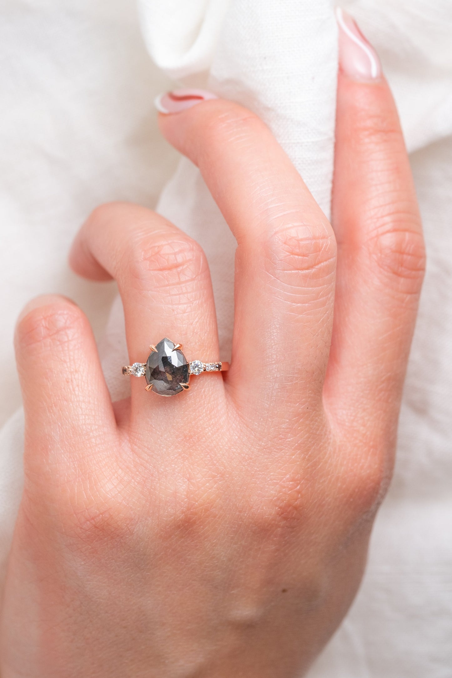 1.69 Carat Black Salt and Pepper Pear Diamond Engagement Ring, Ombre Eliza Setting
