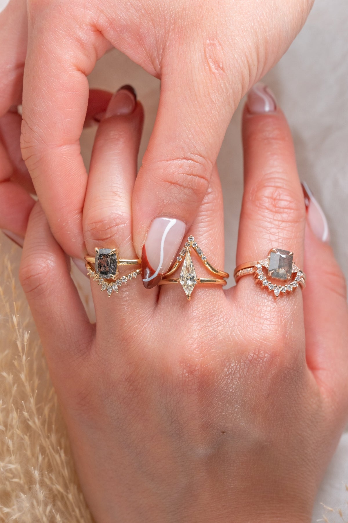 1.74 Carat Salt and Pepper Elongated Cushion Diamond Engagement Ring, Basket Jane Setting, 14K Yellow Gold