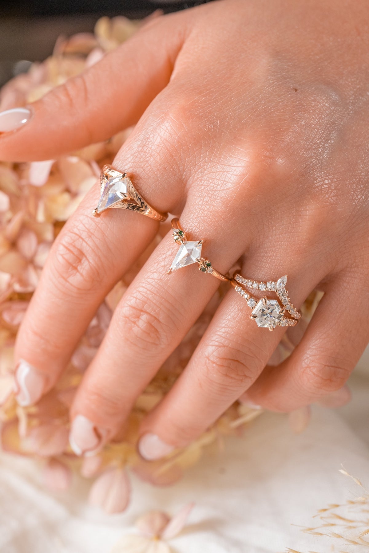 Kite Moissanite Engagement Ring, Engraved Split Shank Jane Setting
