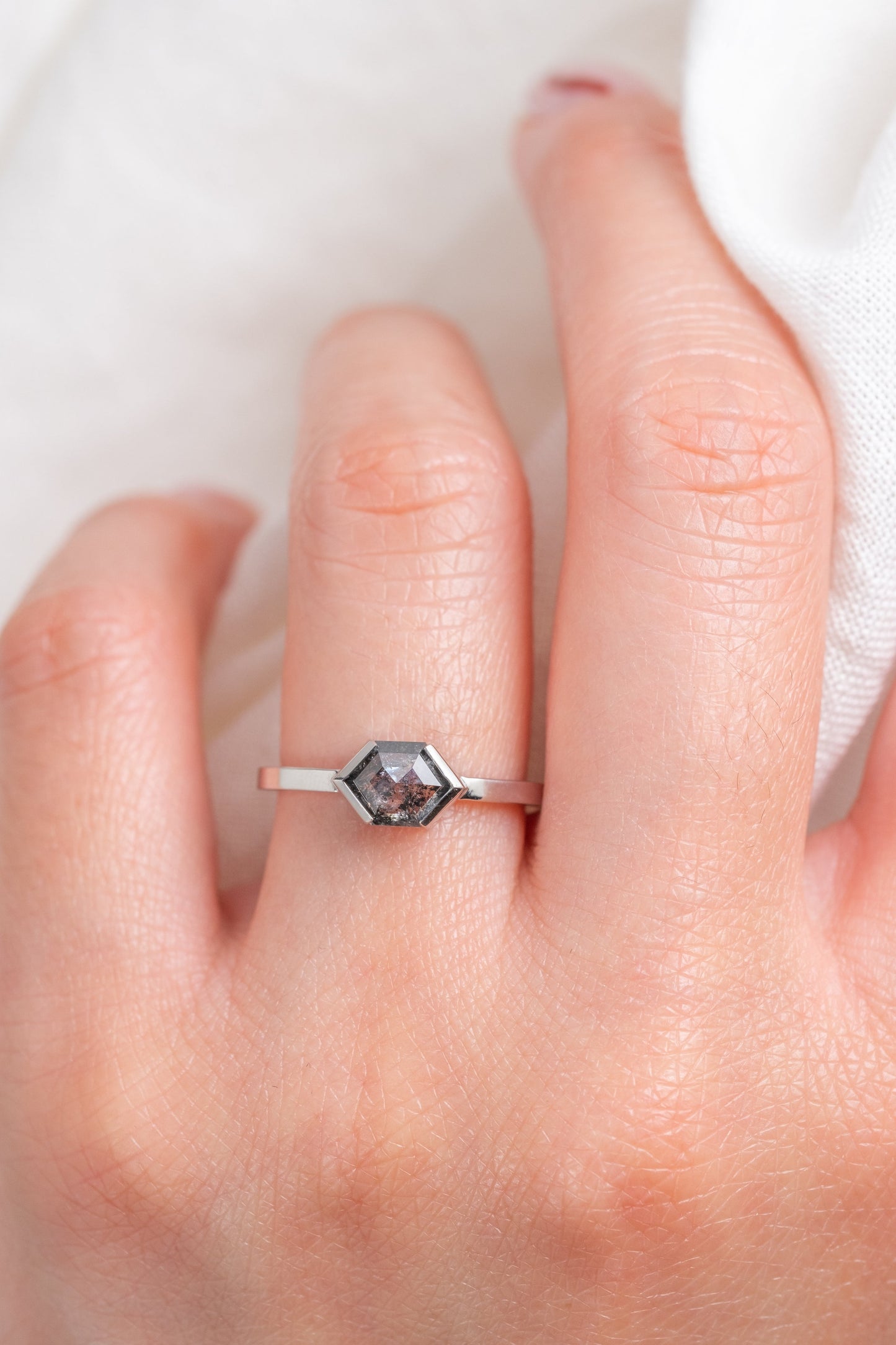 1.17 Carat Black Salt and Pepper Hexagon Diamond Engagement Ring, Charlize Setting