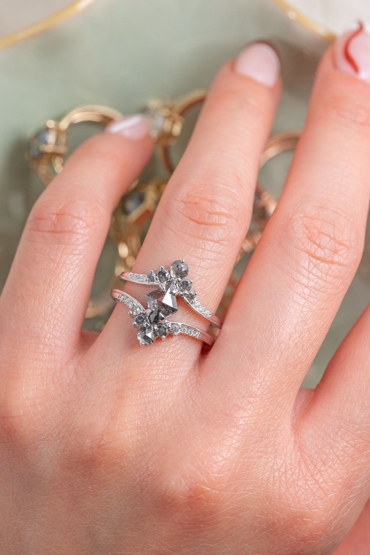 1.17 Carat Black Speckled Lozenge Diamond Engagement Ring, Empress Setting, 14k White Gold