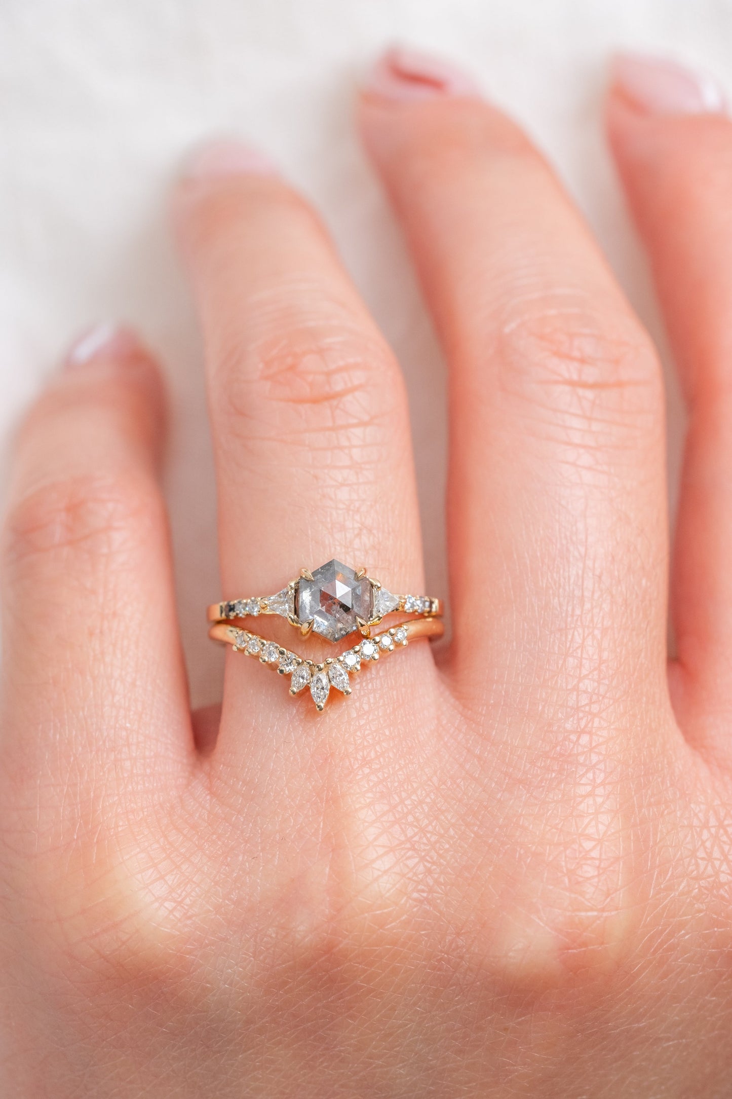 1.36 Carat Salt and Pepper Hexagon Diamond Engagement Ring, Ombre Eliza Setting