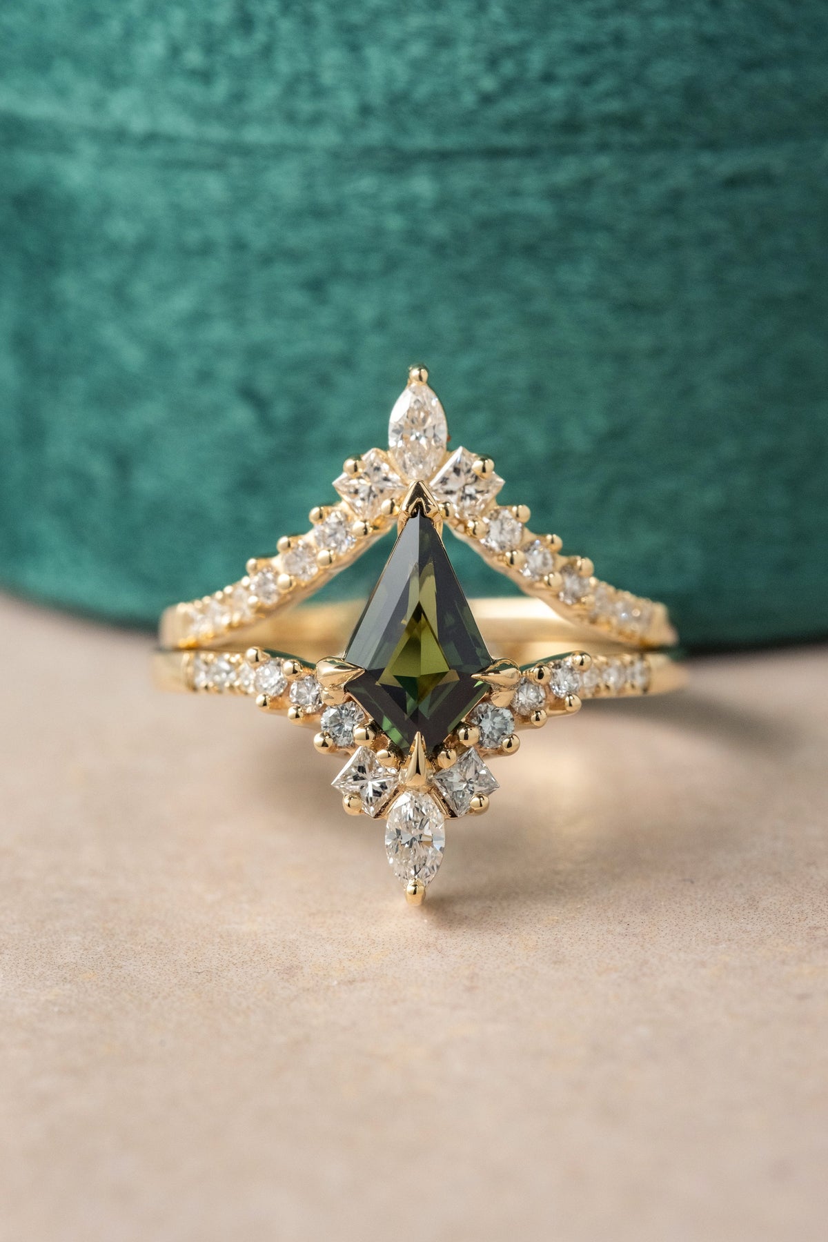 1.26 Carat Green Kite Sapphire and Diamond Engagement Ring, Willa Setting, 14K Yellow Gold