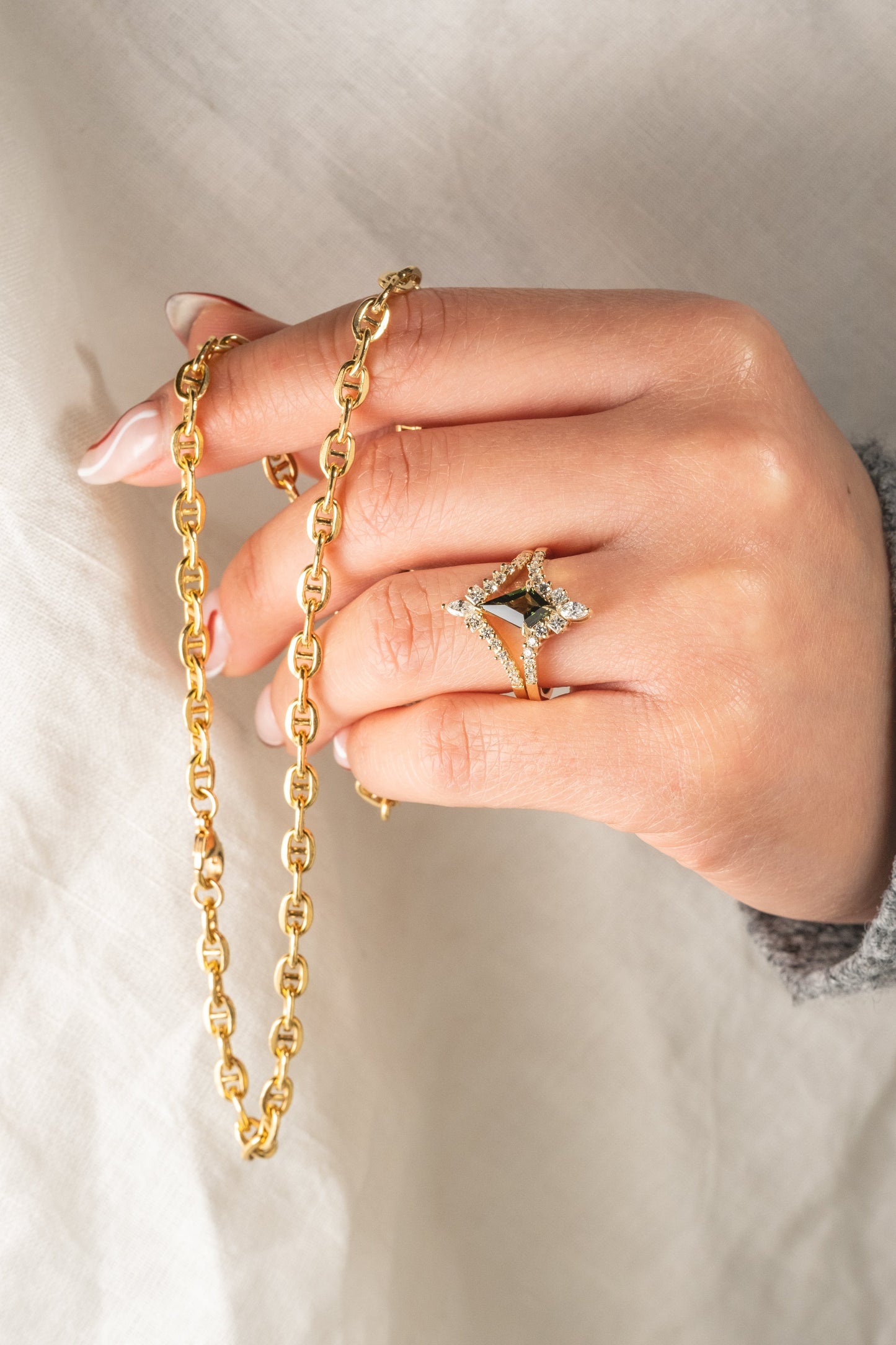 1.26 Carat Green Kite Sapphire and Diamond Engagement Ring, Willa Setting, 14K Yellow Gold