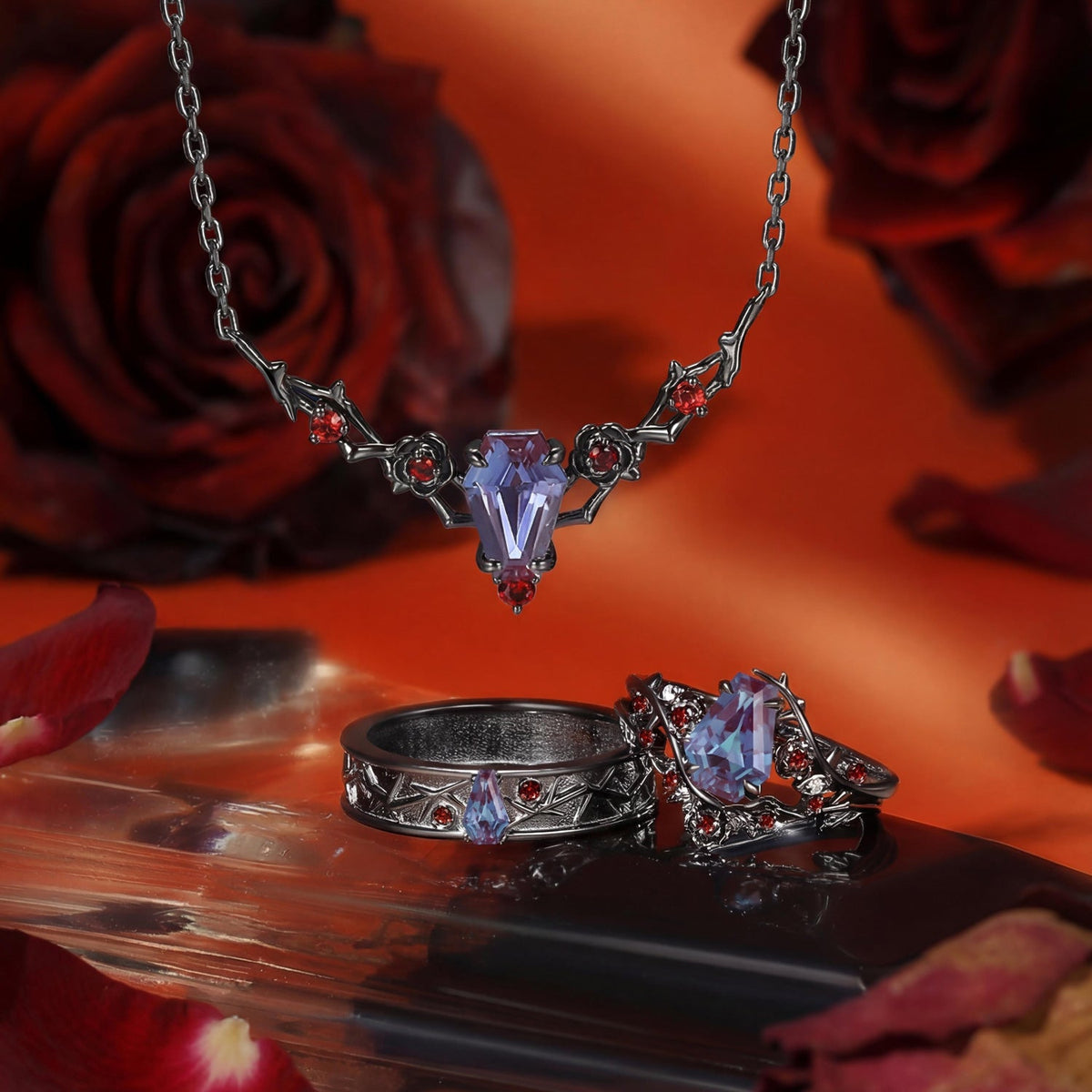 Nature Inspired Gothic Style Coffin Alexandrite Couple Ring Jewelry Set - 'Thorns & Roses' Jewelry Box