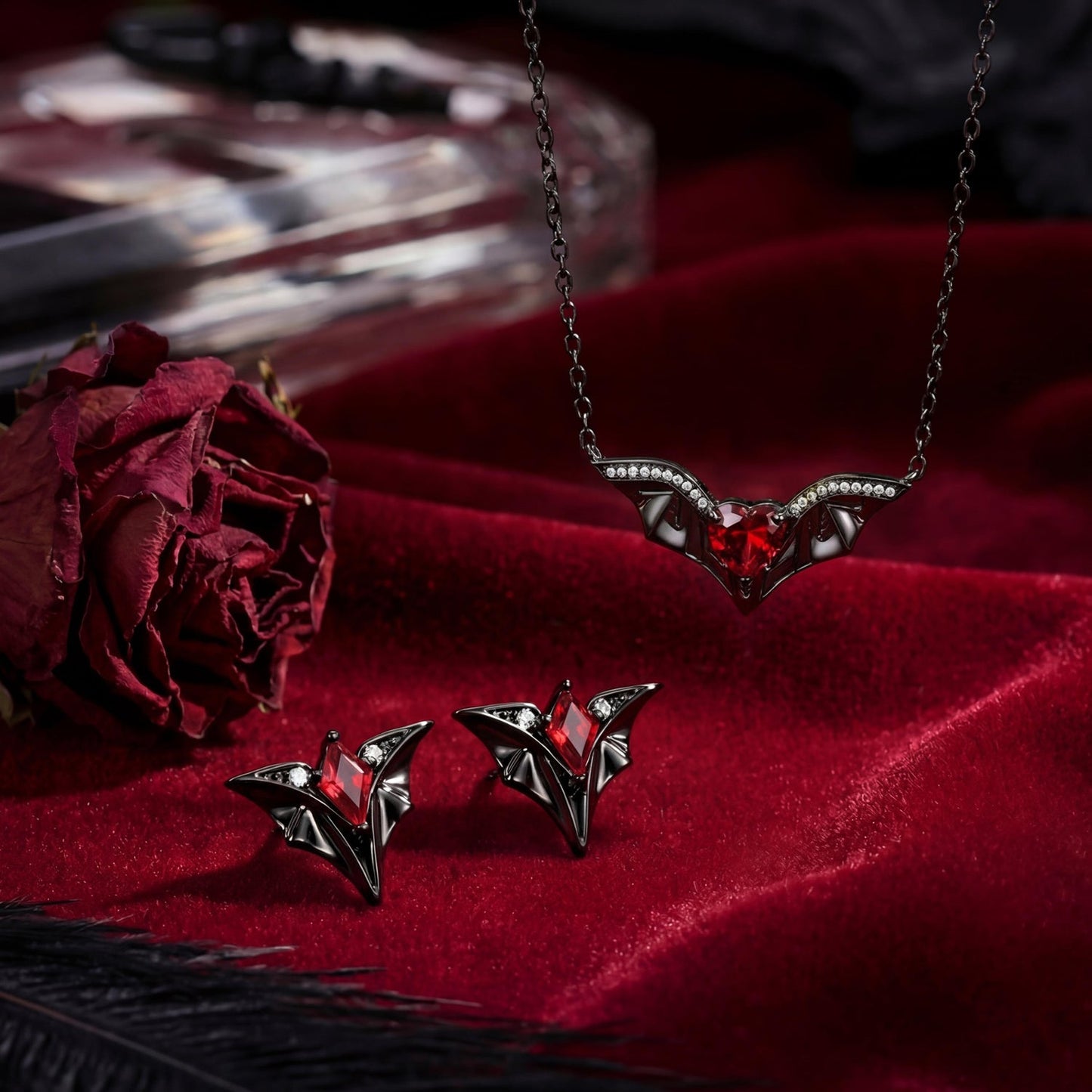 Gothic Bat Wing Inspired Heart Garnet 'Batsh*t Crazy' Black Gold Jewelry Set - Bat Jewelry Box