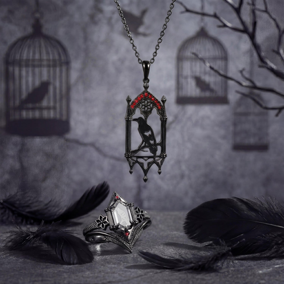Unique Gothic Style Long Hexagon Moissanite See Through Inspired Black Gold Jewelry Sets - 'Caged Bird' Jewelry Box
