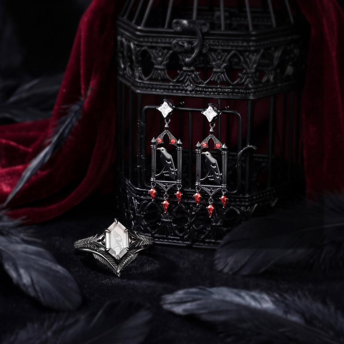 Gothic Dark Crow Inspired Long Hexagon Moissanite Black Inspired Jewelry - 'Caged Bird' Jewelry Box