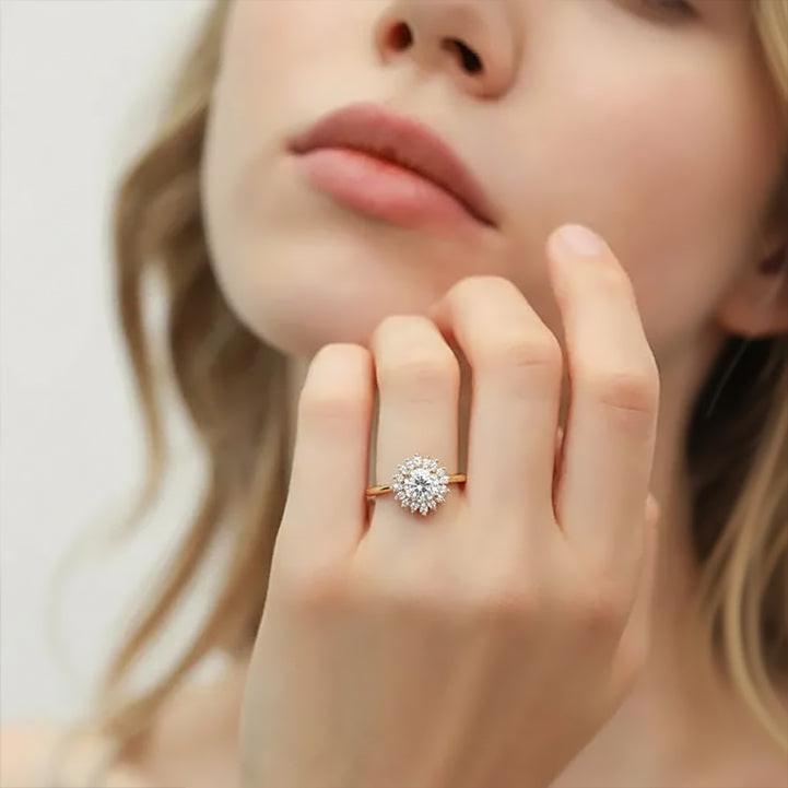 Aurora’s Sunburst | 1CT Round Diamond Halo Engagement Ring