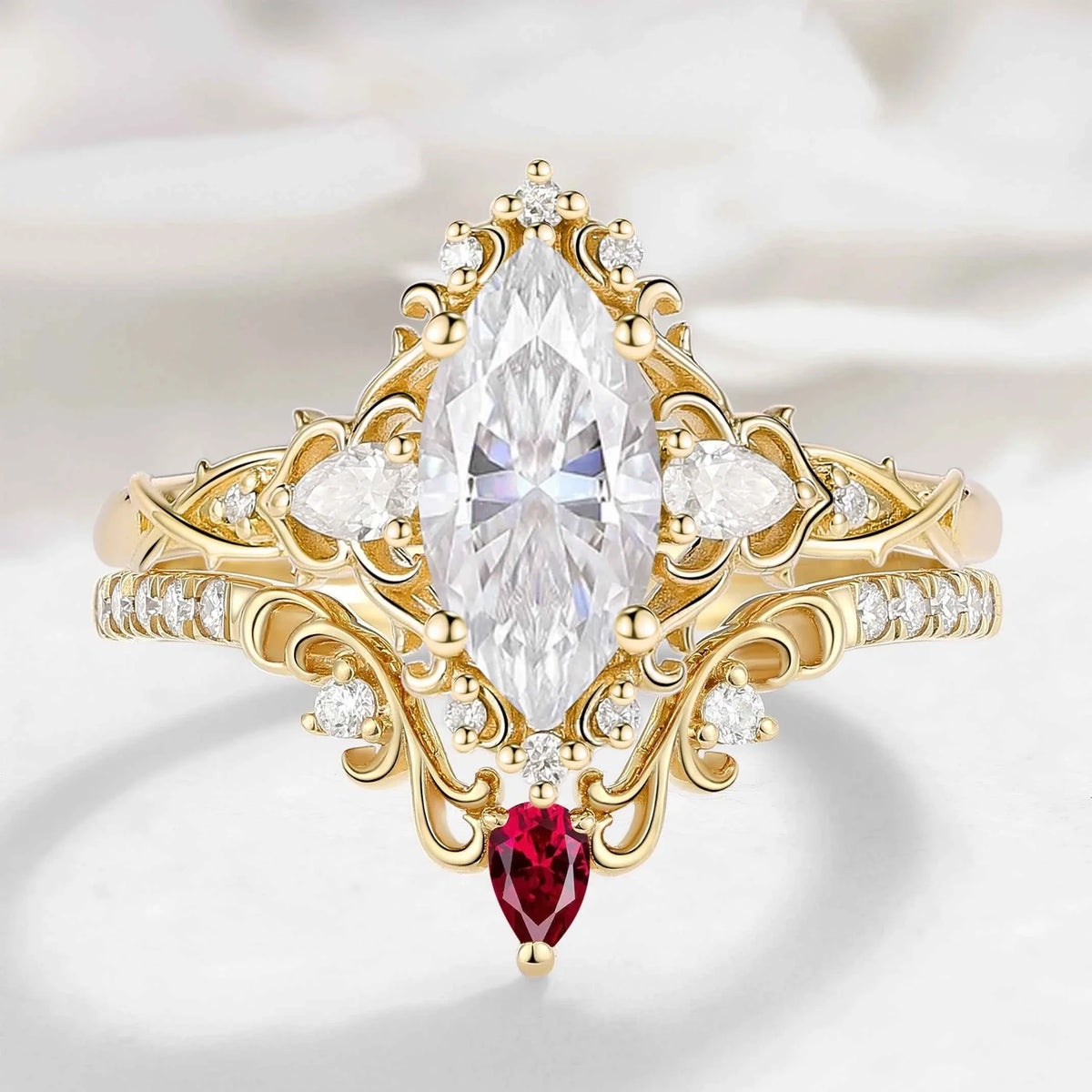 Nature Inspired Vintage Thorn Marquise Moissanite Engagement Ring - Valora Set