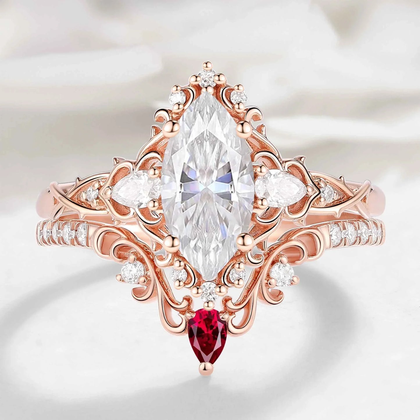 Nature Inspired Vintage Thorn Marquise Moissanite Engagement Ring - Valora Set