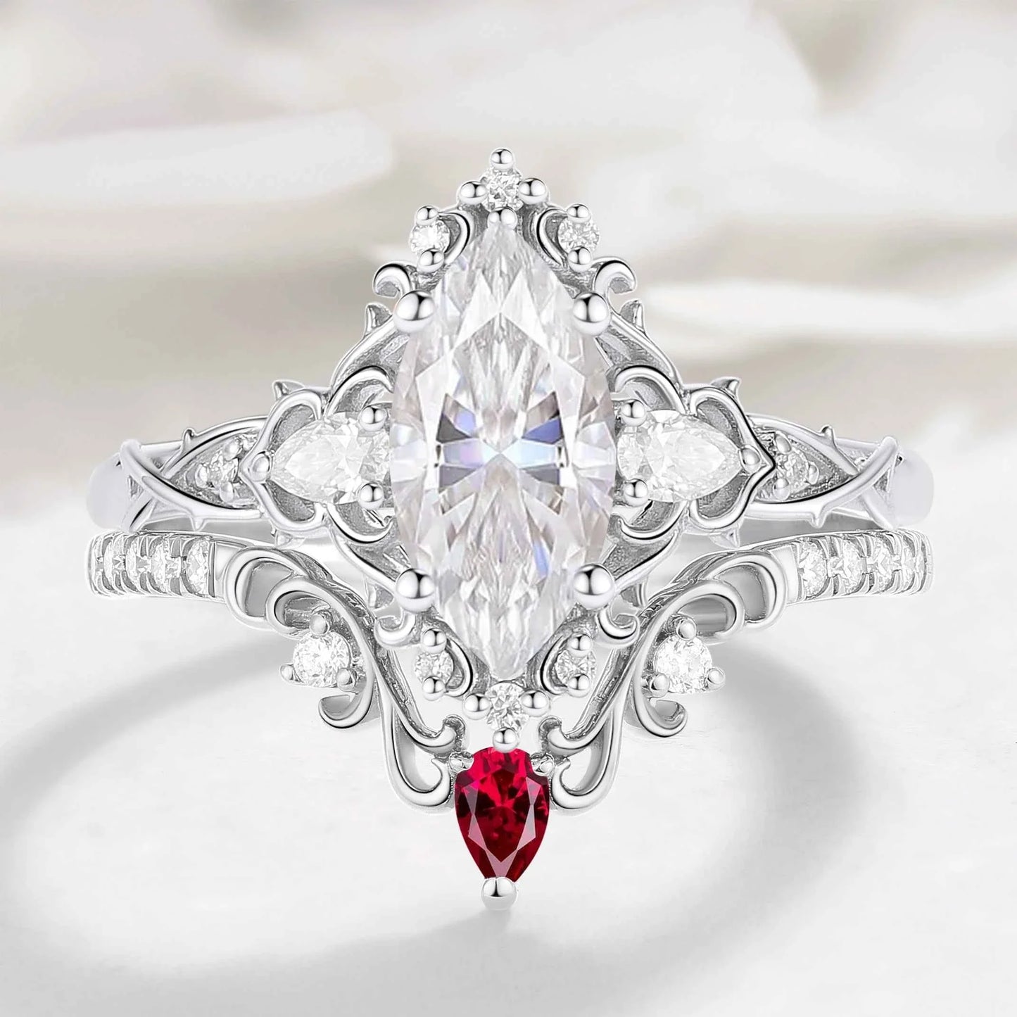 Nature Inspired Vintage Thorn Marquise Moissanite Engagement Ring - Valora Set